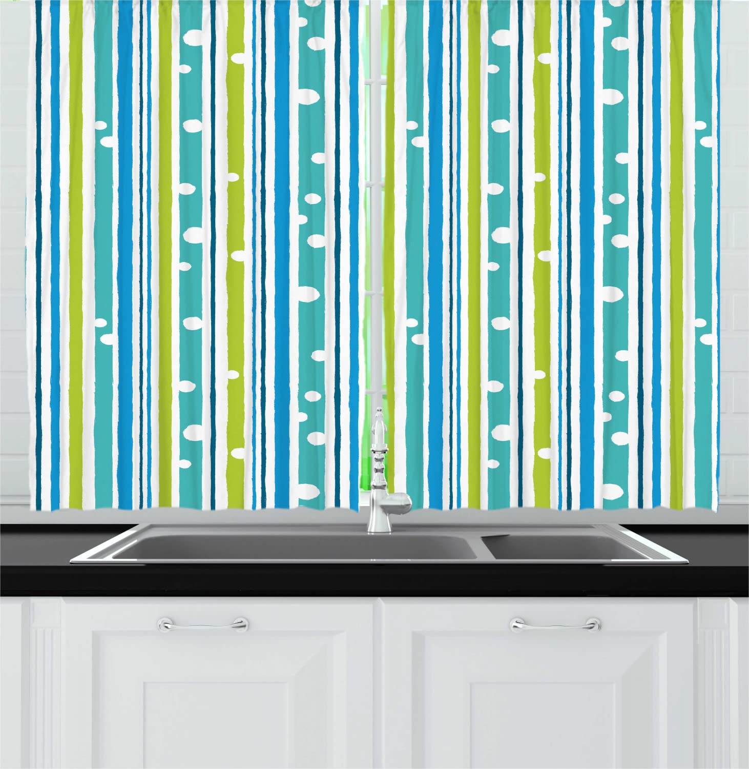 Ambesonne Abstract Long Kitchen Curtains - Geometric Vertical Stripes & Cool-Toned Circles Minimalist Design - 2 Panel Rod Pocket Drapes 55x45 Inches in Lime Green Turquoise Blue - Perfect for Modern Kitchens, Dining Rooms & Living Room Decor
