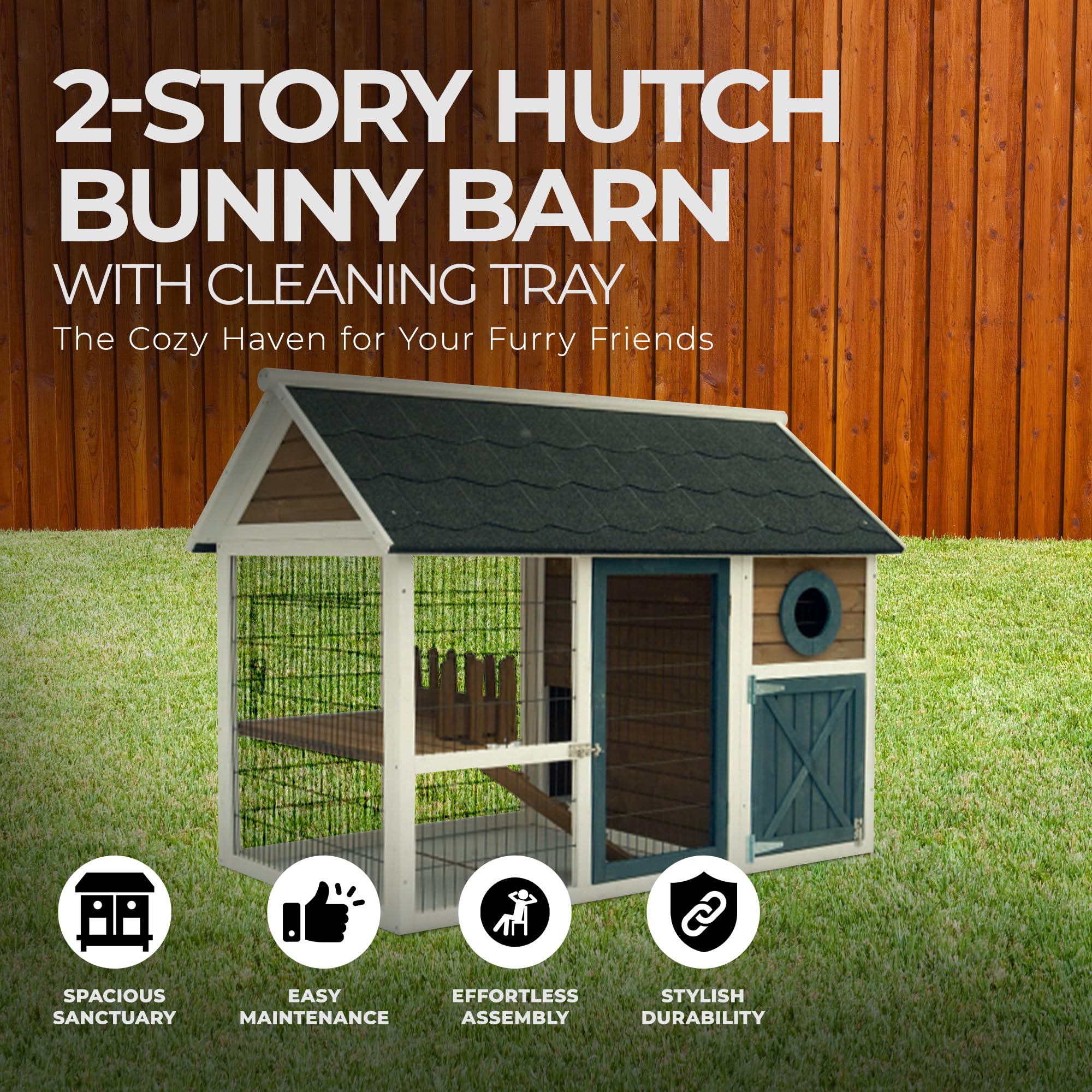Old Fashioned 2-Story Rabbit Hutch with Asphalt Roof - Outdoor Bunny Barn for Roaming & Play | Easy-Clean Pull-Out Metal Tray | Perfect for Backyard Rabbit Housing & Pet Play Area