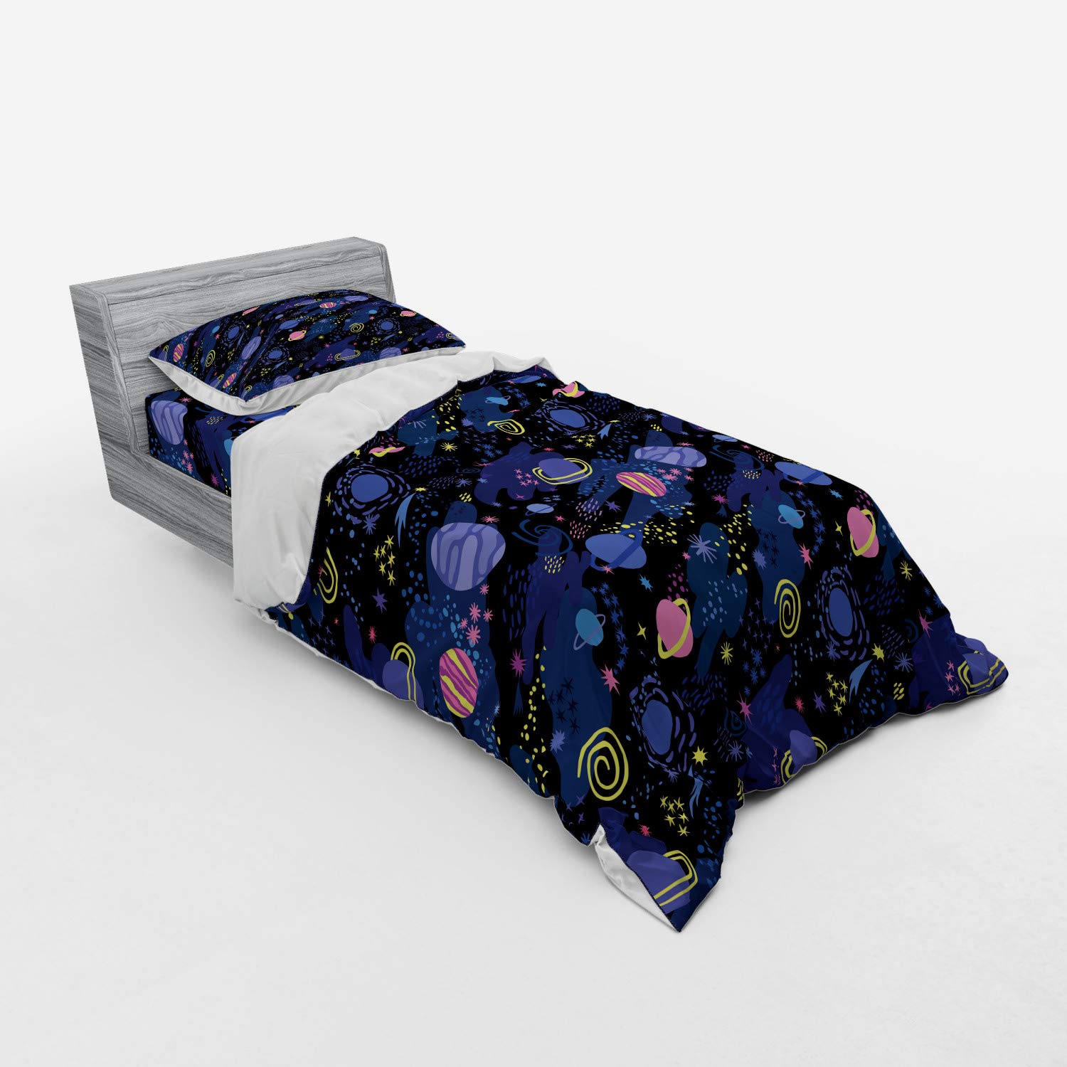Ambesonne Galaxy Duvet Cover Set - Outer Space Planets Cosmic Journey Milky Way Zodiac Moon Doodle - 3 Piece Bedding Set with Pillow Sham & Fitted Sheet - Twin XL Size - Dark Blue & Pink - Perfect for Kids Room, Teen Bedroom & Space Themed Decor