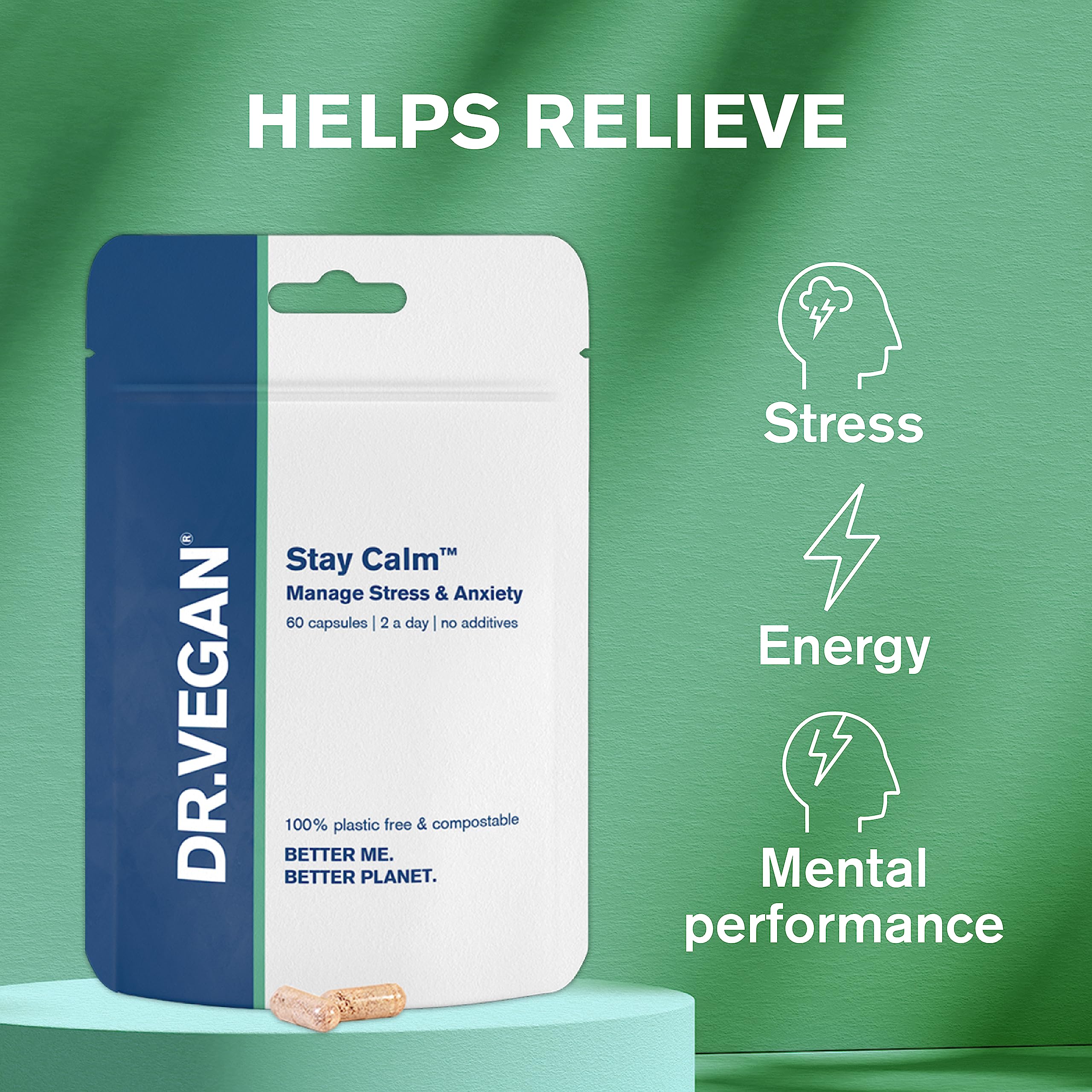 DR.VEGAN Stay Calm Stress Relief Supplement for Men & Women - Ashwagandha KSM 66, Magnesium, L-Theanine, Rhodiola, Schisandra & Cordyceps - 60 Vegan Capsules for Anxiety Relief, Mood Support & Daily Stress Management - Perfect for Work, Study & Busy Lifestyles