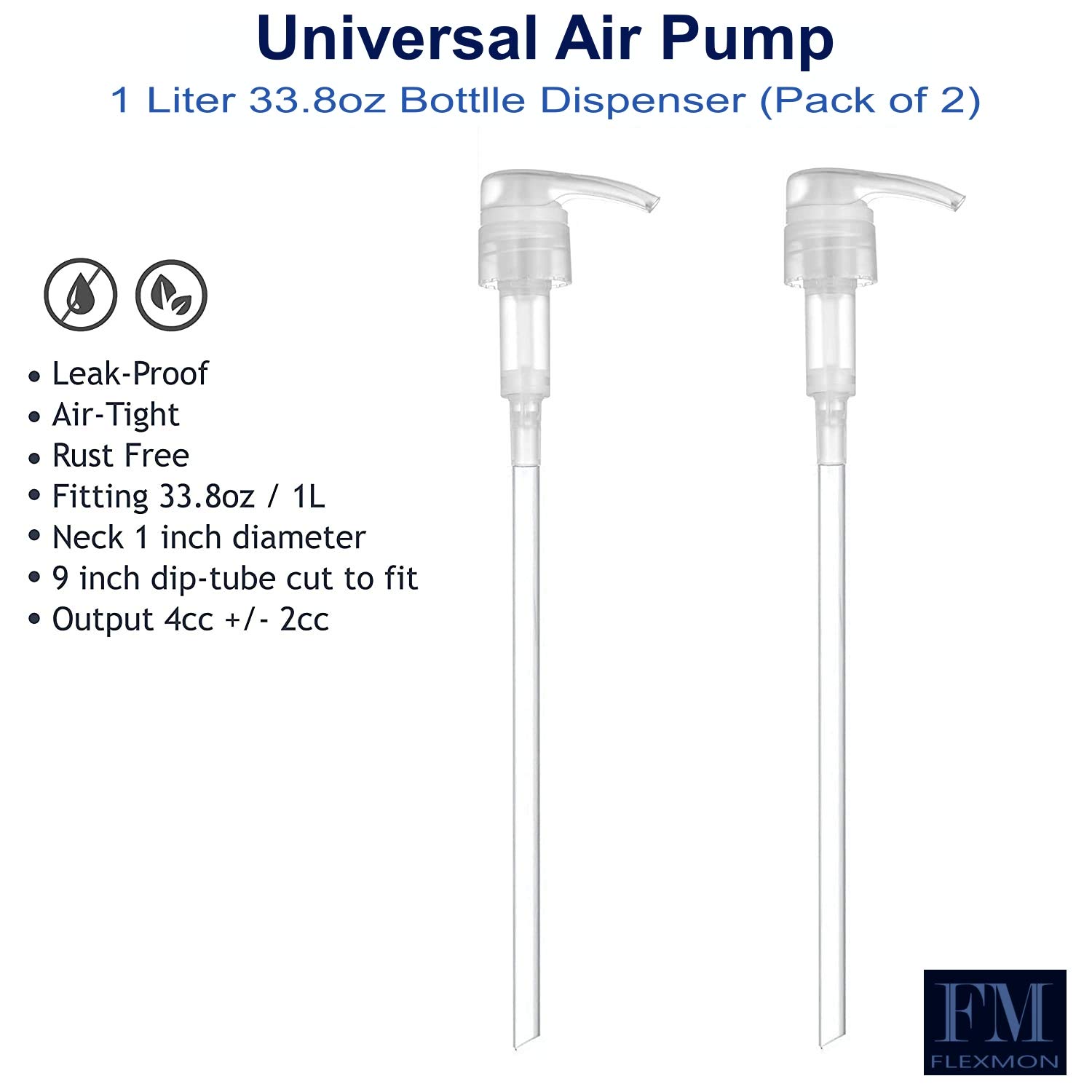 2-Pack Universal Pump Dispenser for Shampoo & Conditioner Bottles - Rust-Free Plastic Dispenser Fits 1L (33.8oz) Containers - Perfect for Lotion, Soap & Liquid Products - Home & Salon Use