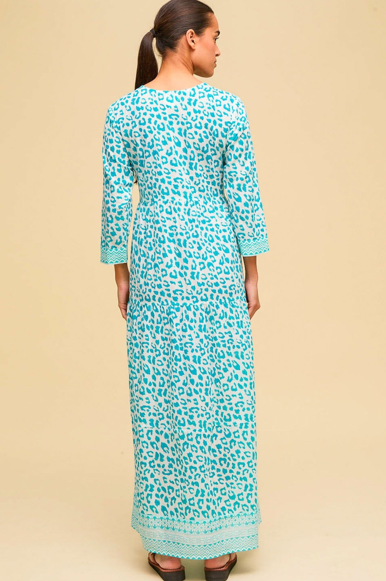 Mykonos Maxi Dress - Soft Cheetah Print in White & Turquoise | Perfect for Beach Vacations, Summer Parties & Boho Fashion