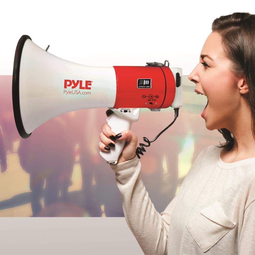 PYLE PMP58U 50W Red Megaphone with USB Port, 6GB Internal Memory & Wired Microphone - 1000m Range, Battery or 12V Transformer Powered - Ideal for Outdoor Events, Crowd Control, and Emergency Alerts