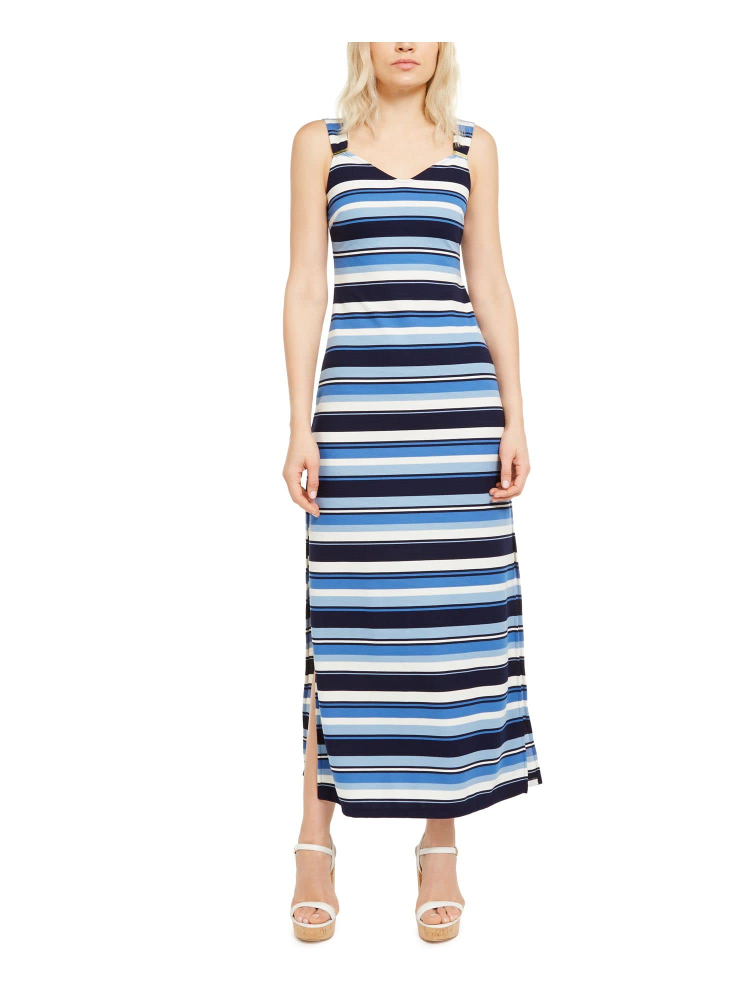 Michael Kors Women's Blue Striped Spaghetti Strap V-Neck Maxi Sheath Dress XXS | Summer Beach Party & Evening Formal Wear