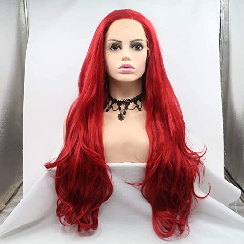 24 Inch Red Loose Wave Synthetic Lace Front Wig - Heat Resistant Fiber Hair for Women | Fashionable & Natural Looking | Perfect for Cosplay, Parties & Daily Styling