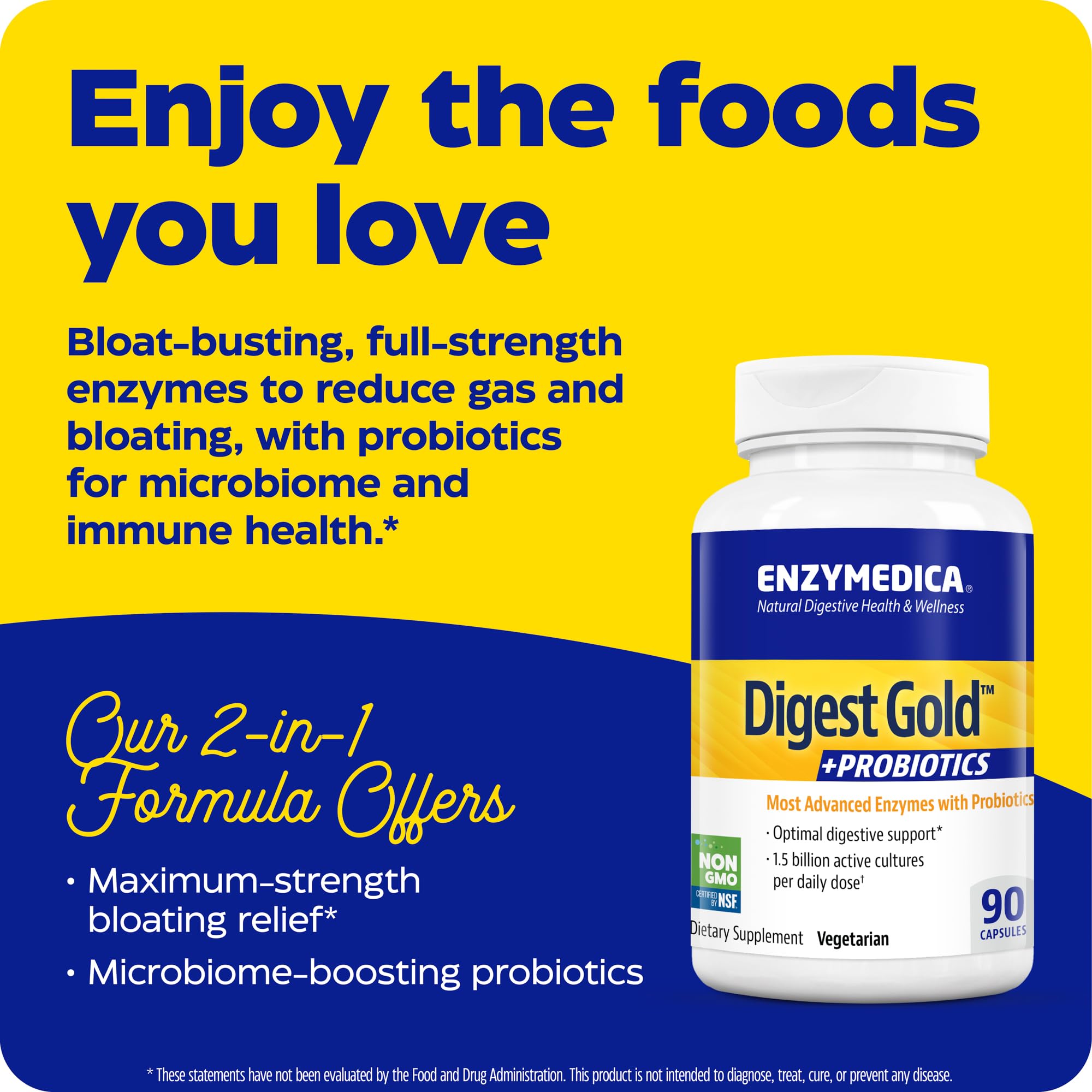 Enzymedica Digest Gold + Probiotics 90 Capsules - Advanced Digestive Enzyme Supplement with Probiotics for Gut Health, Bloating Relief & Nutrient Absorption | Supports Digestion After Meals & Occasional Discomfort