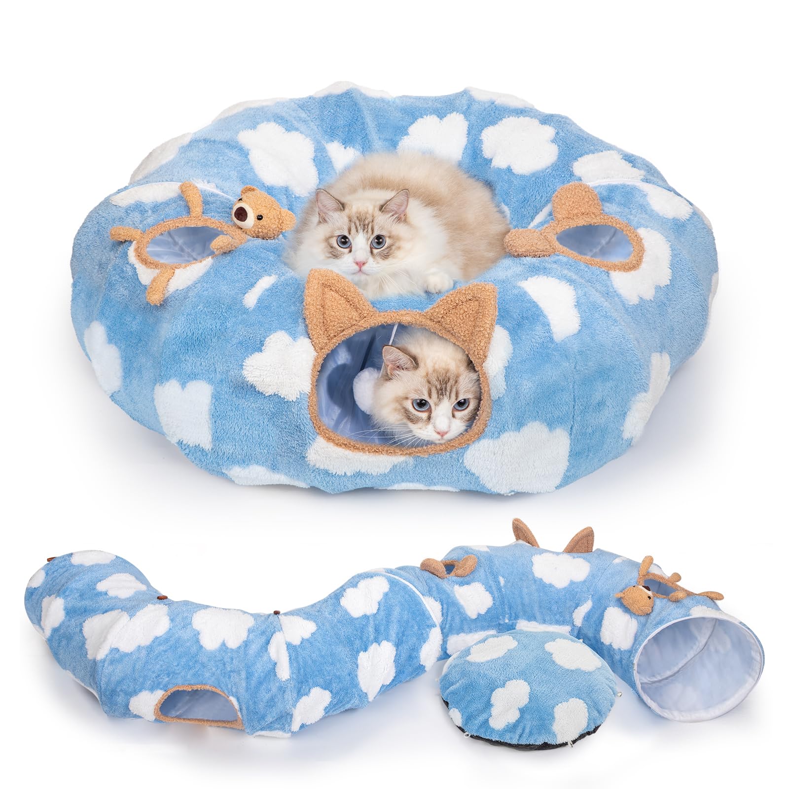 Washable Cat Tunnel Bed with Circle Cushion - Multifunctional Peekaboo Cat Cave & Donut Tube for Indoor Cats, Kittens, Puppies, Rabbits & Ferrets (Sky Blue) - Perfect for Playtime, Napping & Hide-and-Seek Games