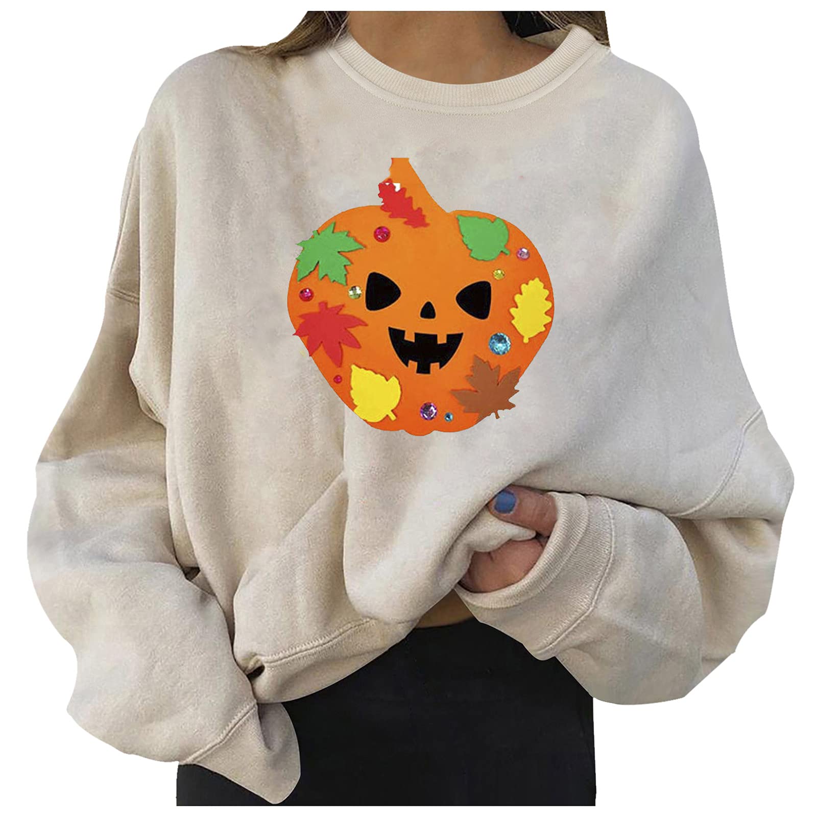 OJinShaWanO Women's Long Sleeve Casual Shirt - Round Neck Loose Fit Printed Halloween Sweatshirt Top | Perfect for Fall Outfits, Pumpkin Patch Visits & Spooky Season Parties