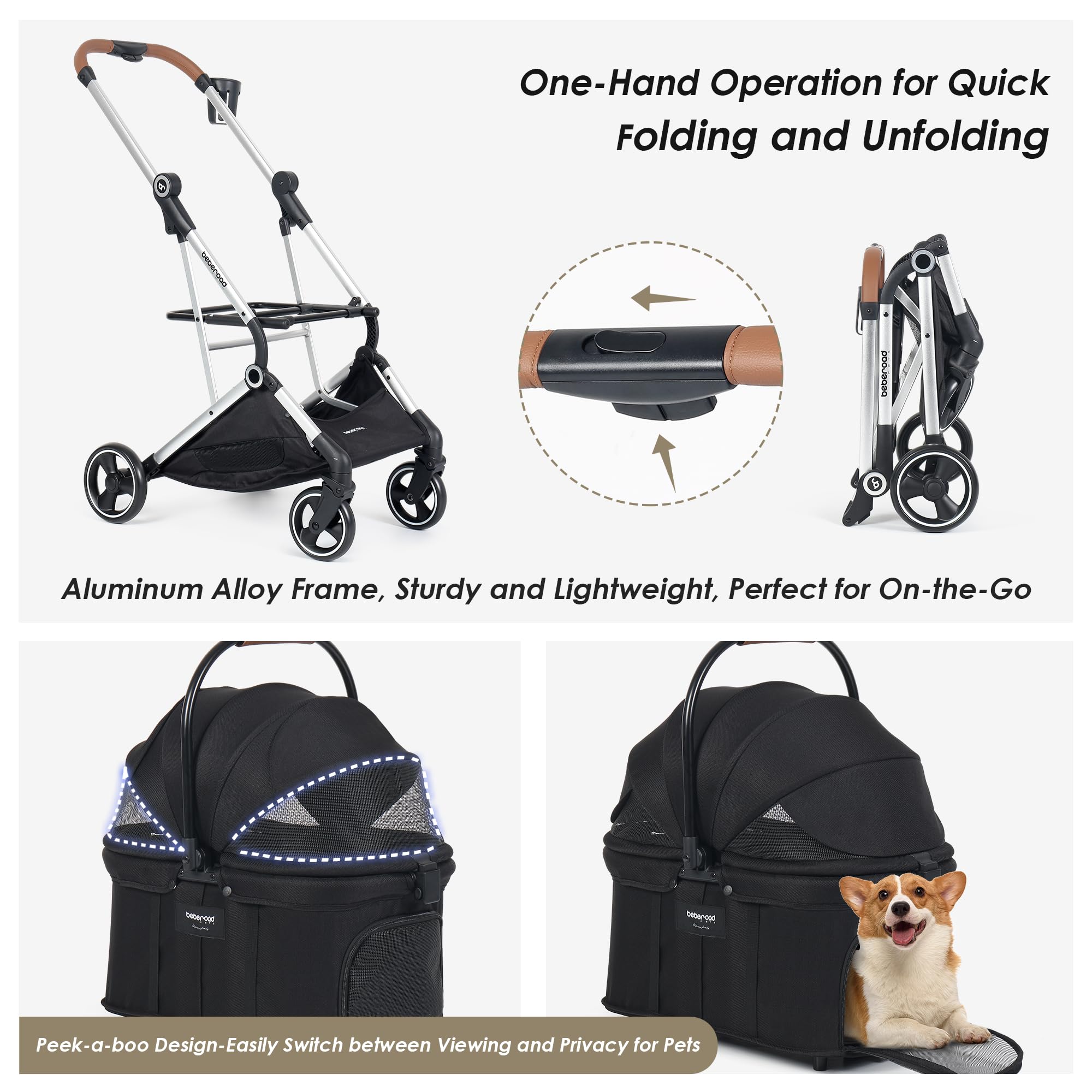 T3 Pro 3-in-1 Small Pet Stroller for Dogs & Cats - 4-Wheel Lightweight Travel Carrier with Removable Pad, Canopy & Cup Holder - Perfect for Walking, Shopping & Vet Visits (Black)