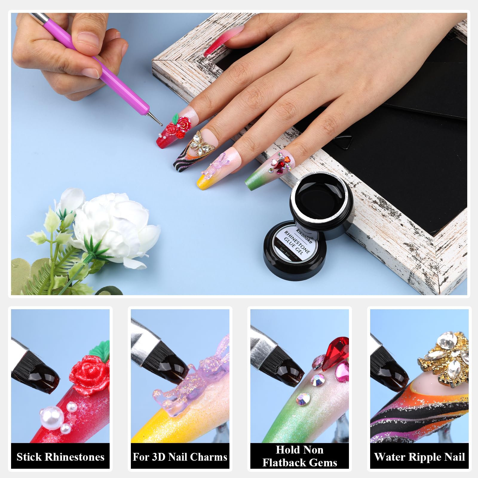 Super Strong 8ml Nail Charm Glue - Rhinestone & Jewel Adhesive with Dual-Use Brush & Dotting Tool for Nail Art Decorations (2 Pack) - Perfect for DIY Manicures, Salon Nails & Home Beauty Treatments