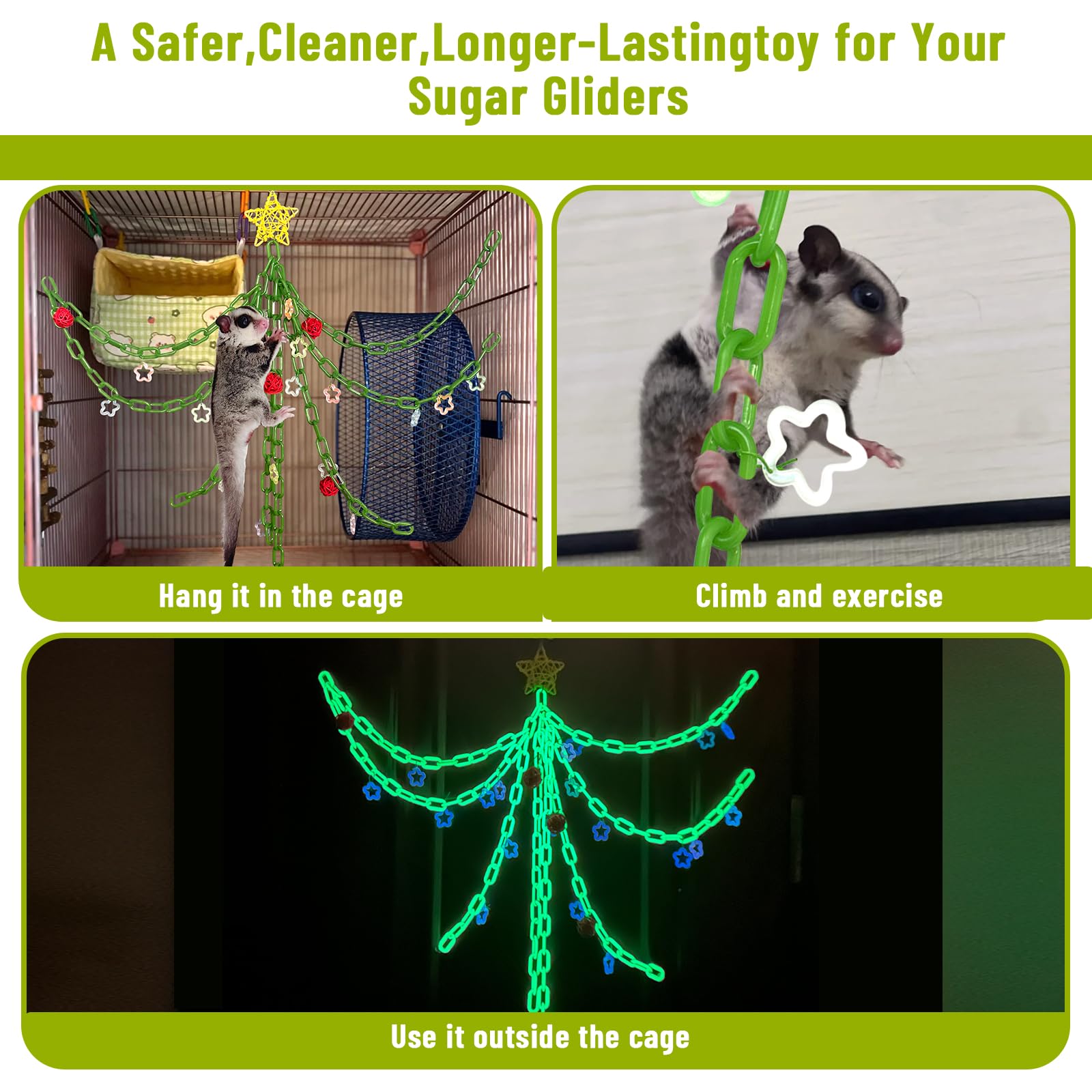Glow in the Dark Sugar Glider Climbing Toys - Hanging Swing & Exercise Accessories for Sugar Gliders, Hamsters & Rats - Cage Enrichment for Climbing, Jungle Exploration & Nighttime Play