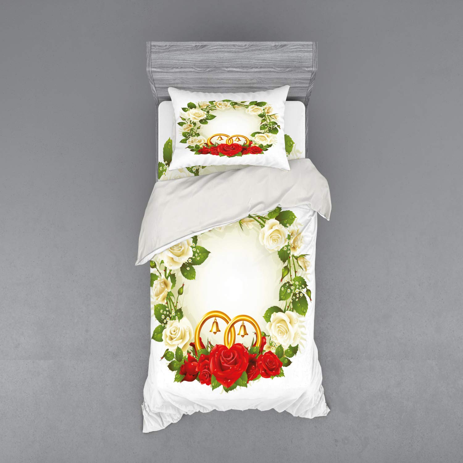 Ambesonne Wedding Bedding Set - 3 Piece Duvet Cover with Sham & Fitted Sheet, Twin Size White Green Red Floral Design with Roses & Wedding Rings | Romantic Couples Gift for Anniversary, Honeymoon & Bridal Shower