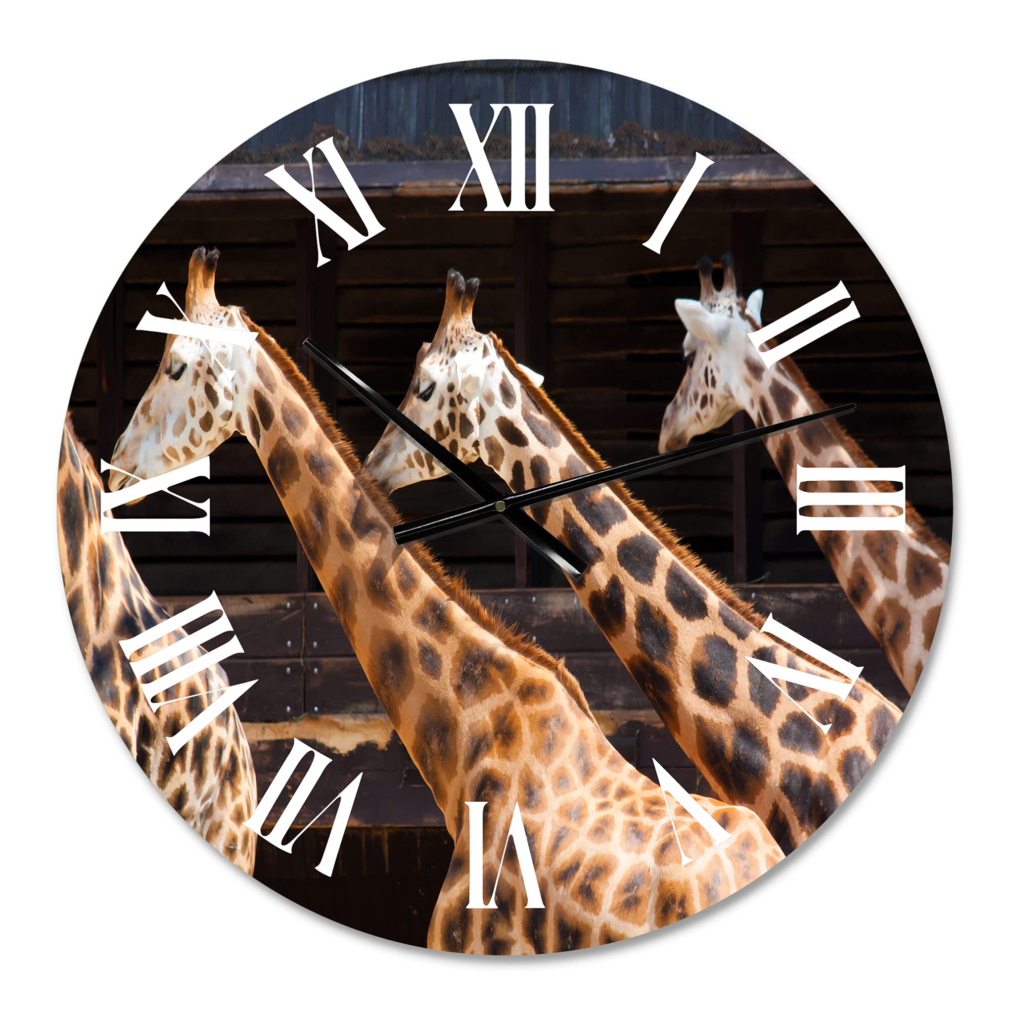 Farmhouse Wall Clock with Three Giraffes Design - Large Decorative Wall Clock for Bedroom, Living Room, Kitchen & Office - Rustic Home Decor for Animal Lovers