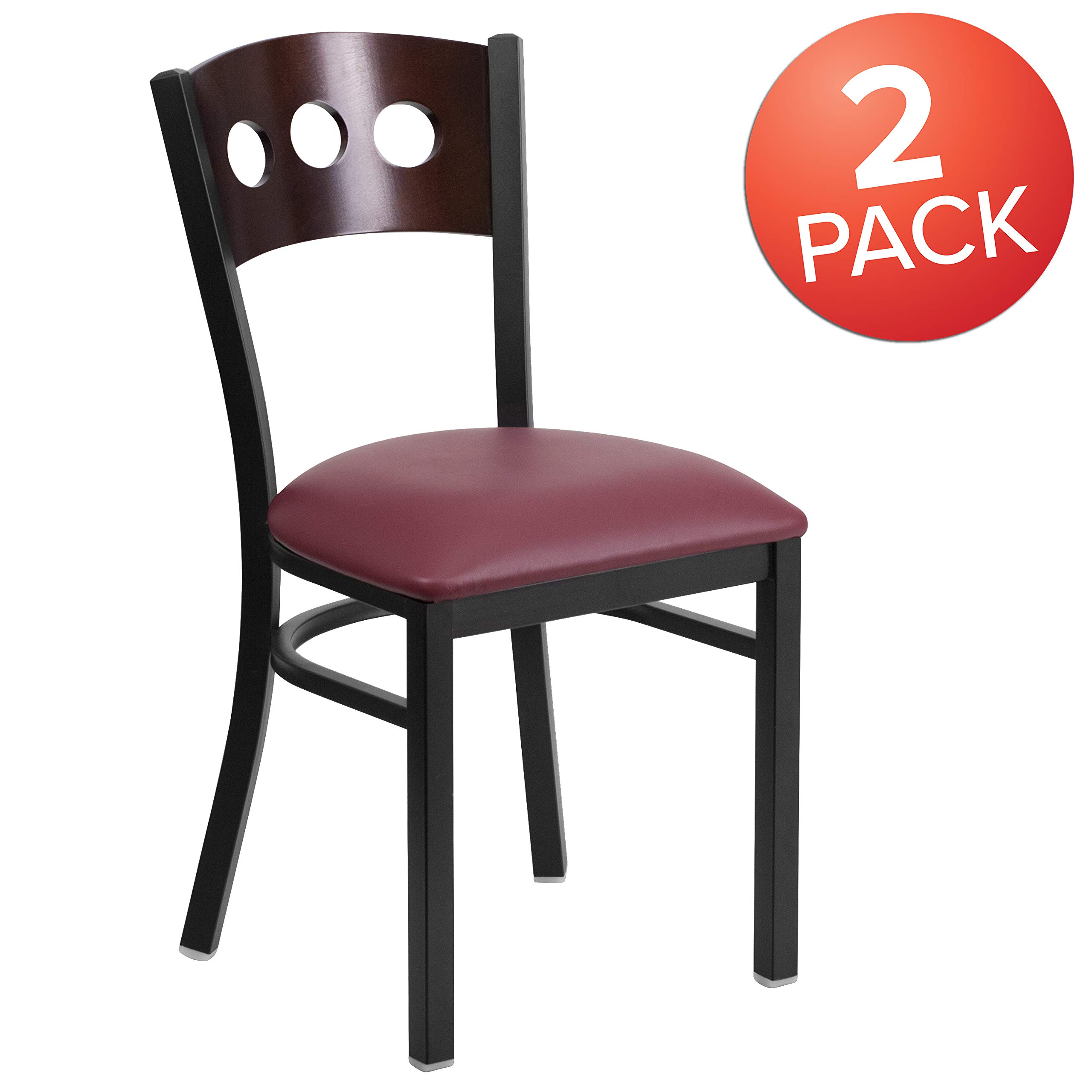 Flash Furniture 2-Pack HERCULES Series Black Metal Restaurant Chairs with Walnut Wood Back & Burgundy Vinyl Seat - Durable Commercial Dining Chairs for Restaurants, Cafes, and Event Venues