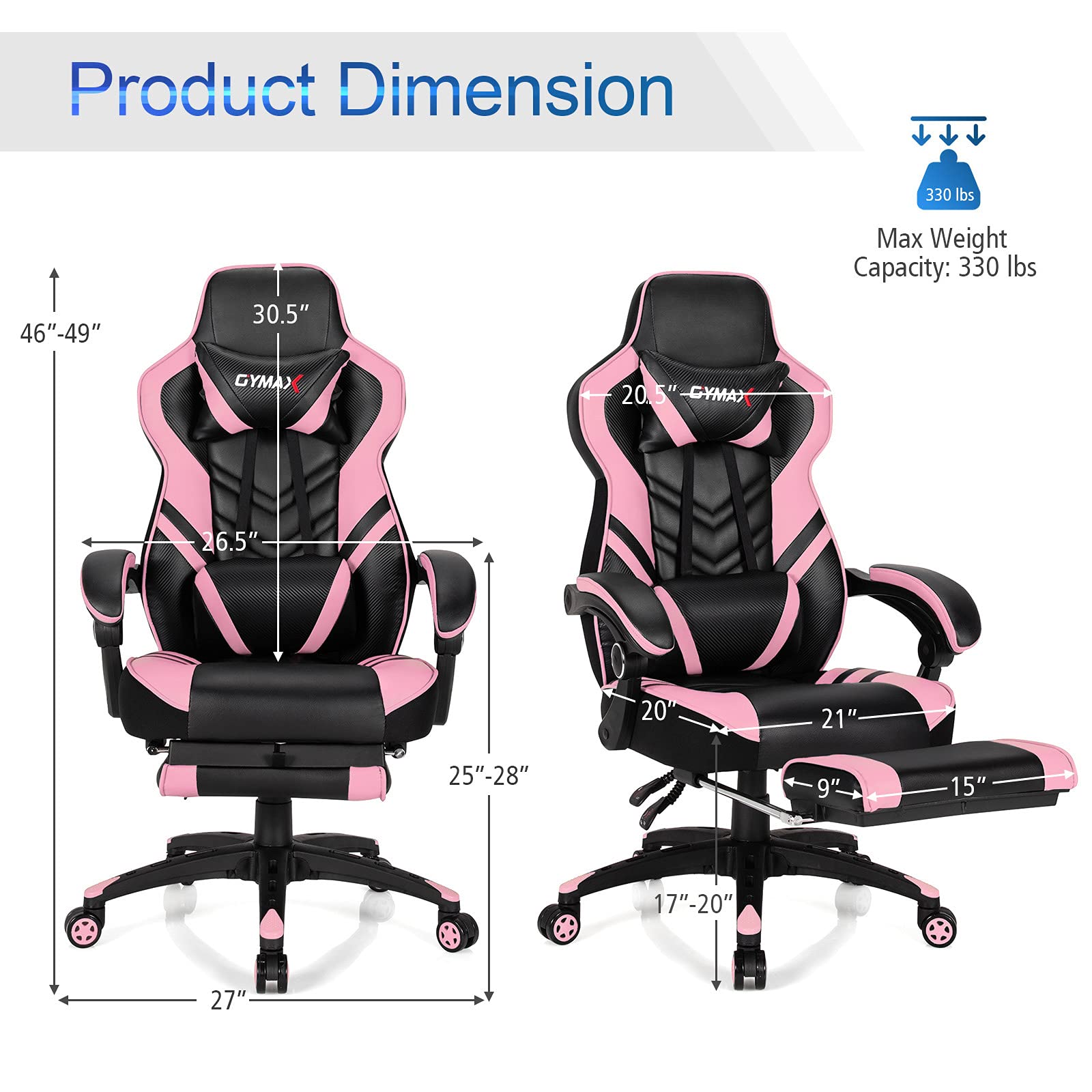 Ergonomic Pink Gaming Chair for Adults & Teens - High Back Reclining Computer Desk Chair with Lumbar Support, Retractable Footrest & Headrest - Perfect for Gaming, Office Work & Home Study