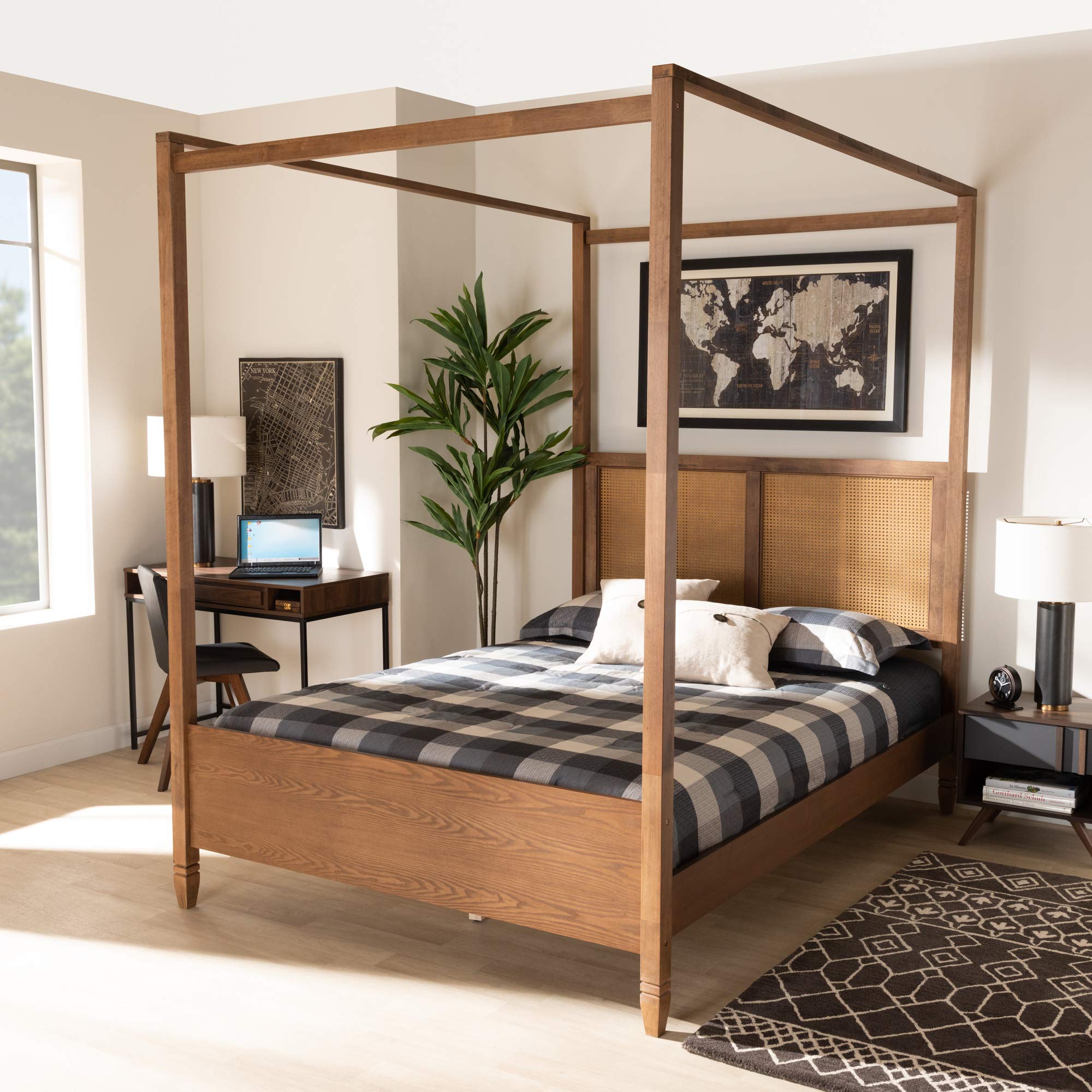 Baxton Studio Malia Modern Queen Size Canopy Bed - Walnut Brown Wood & Rattan Design for Bedroom Decor | Perfect for Contemporary Master Bedrooms and Guest Rooms