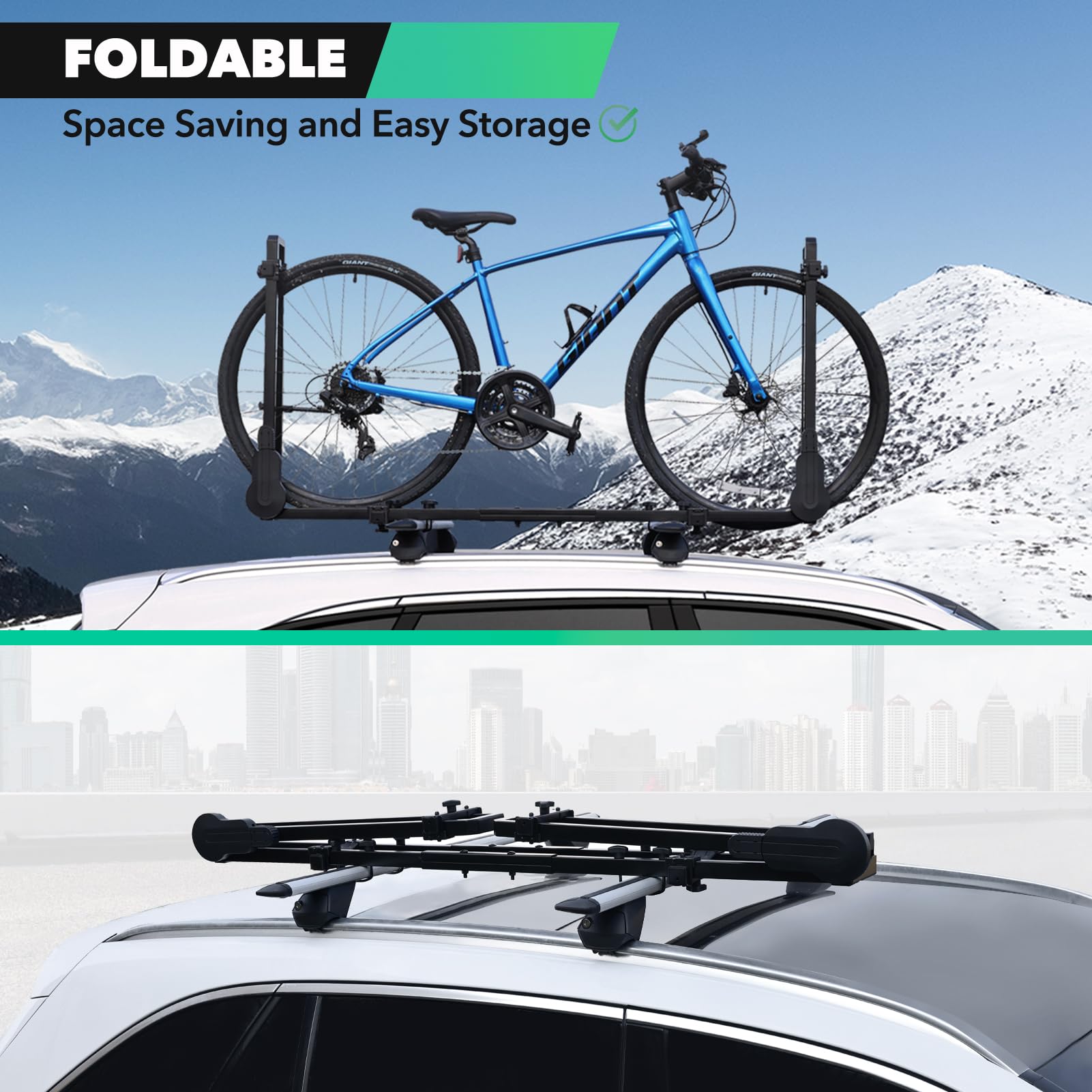 Upright Roof Bike Rack for Cars & SUVs - 2-Arm Bicycle Carrier for Removable Crossbars | Secure Transport for Mountain, Road & Commuter Bikes | Perfect for Road Trips & Outdoor Adventures