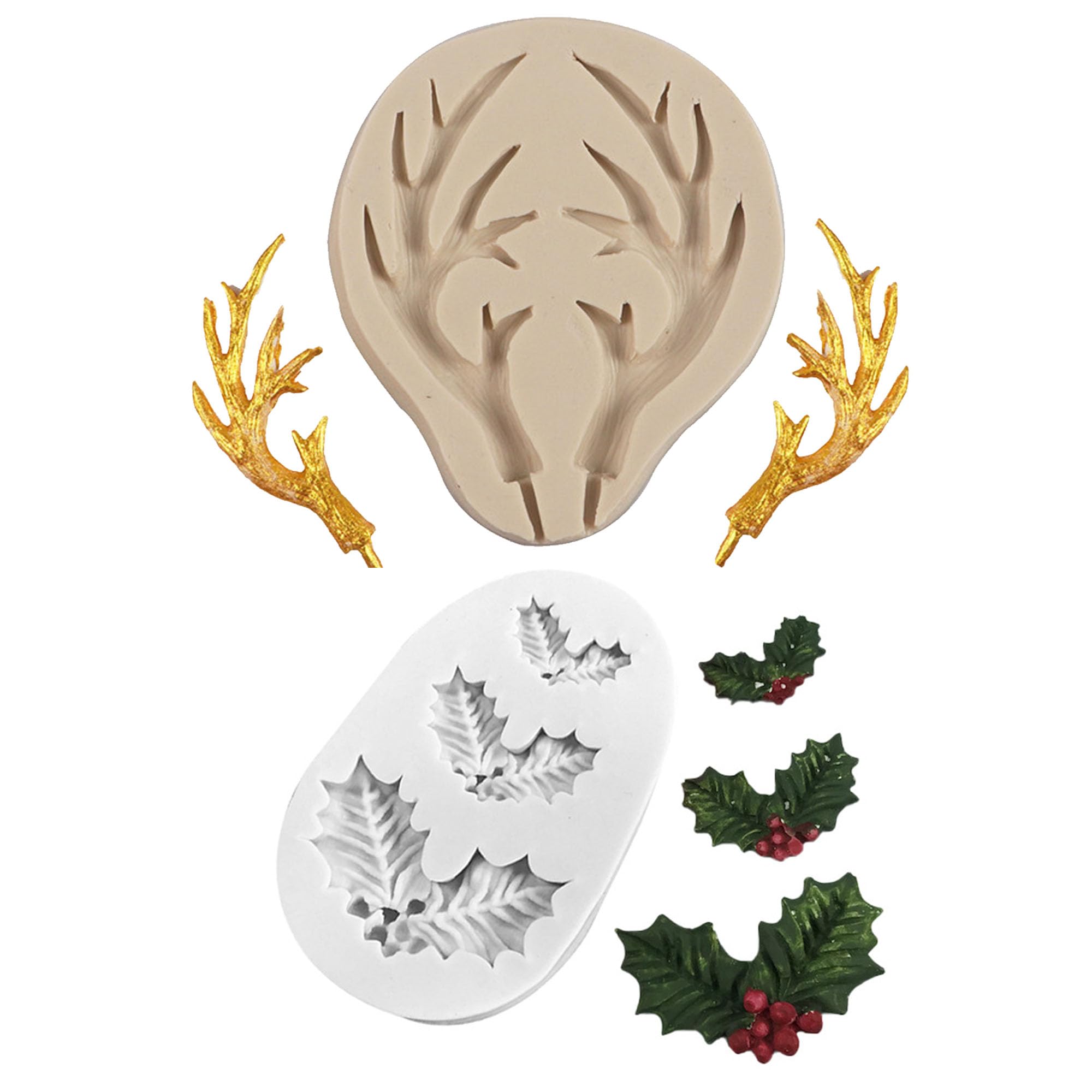2 Pcs Christmas Holly Leaf & Reindeer Antler Silicone Molds for Chocolate, Candy, Jelly Cake Baking - Polymer Clay & Resin Craft Molds - Perfect for Holiday Desserts, DIY Christmas Decorations & Festive Baking Projects