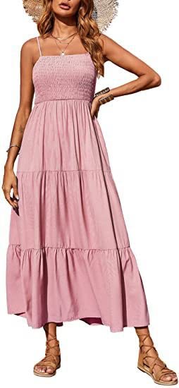 Boho Women's Summer Midi Dress - Sleeveless Smocked Flowy A-Line Casual Dress for Beach, Party & Vacation | Lightweight Comfortable Sundress for Outdoor Events & Travel
