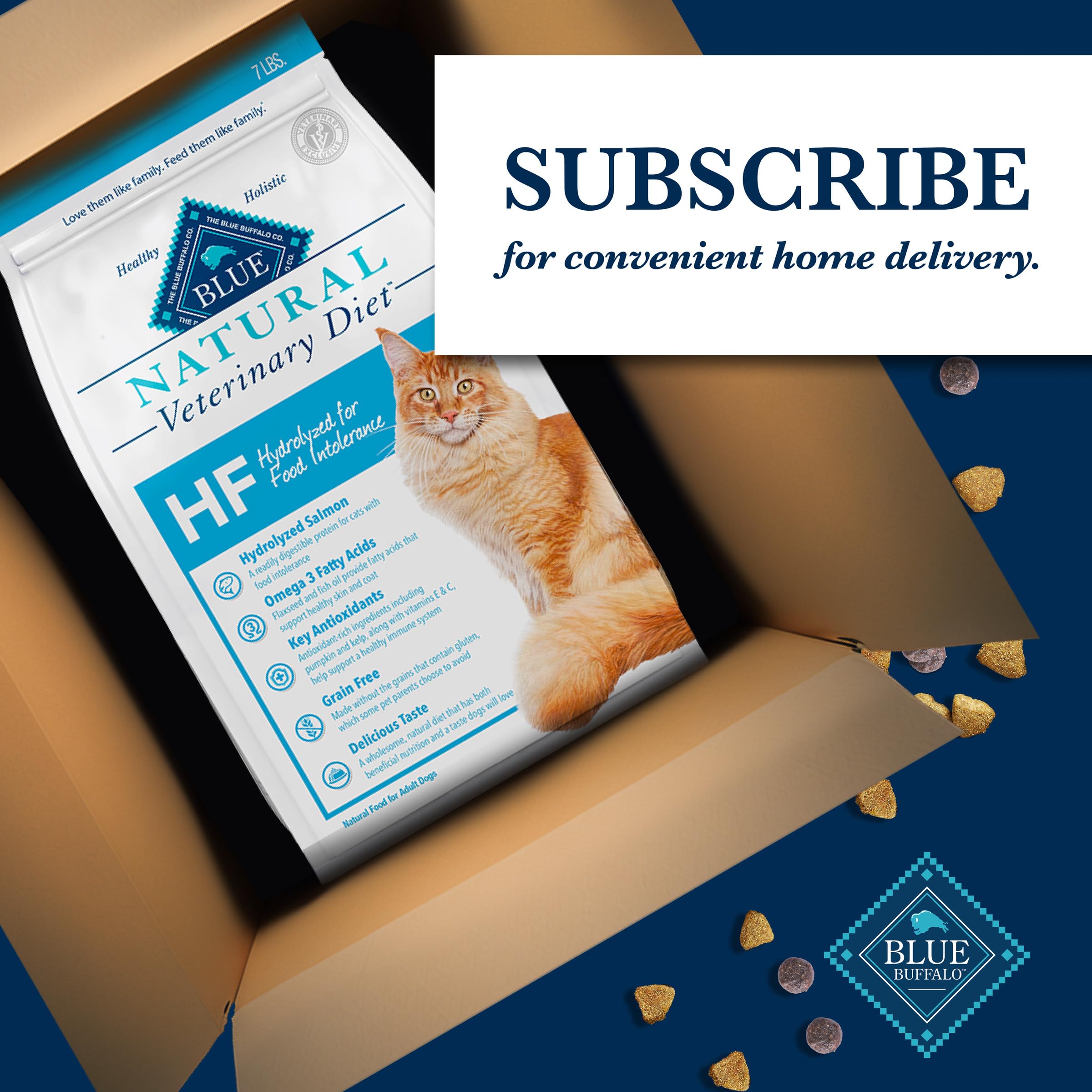 Blue Buffalo Natural Veterinary Diet HF Hydrolyzed Dry Cat Food for Food Intolerance - Salmon Flavor, 7 lb Bag - Vet Prescription Required | Hypoallergenic Cat Food for Sensitive Stomach & Skin Allergies