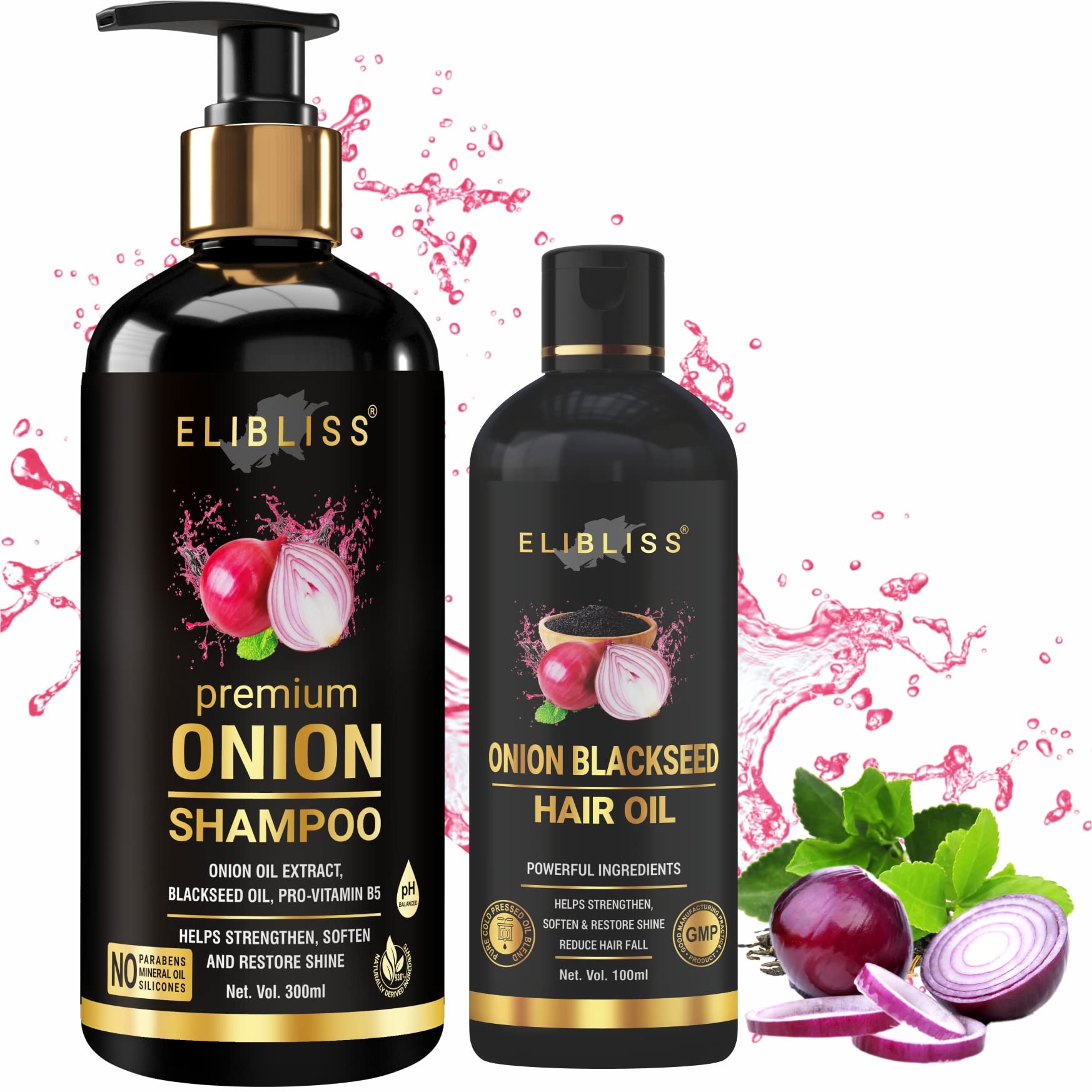 Elibliss Premium Onion & Black Seed Oil Shampoo Combo for Hair Growth (300ml + 100ml) - Natural Hair Care Treatment for Thinning Hair, Dandruff & Scalp Health | Daily Use for Men & Women
