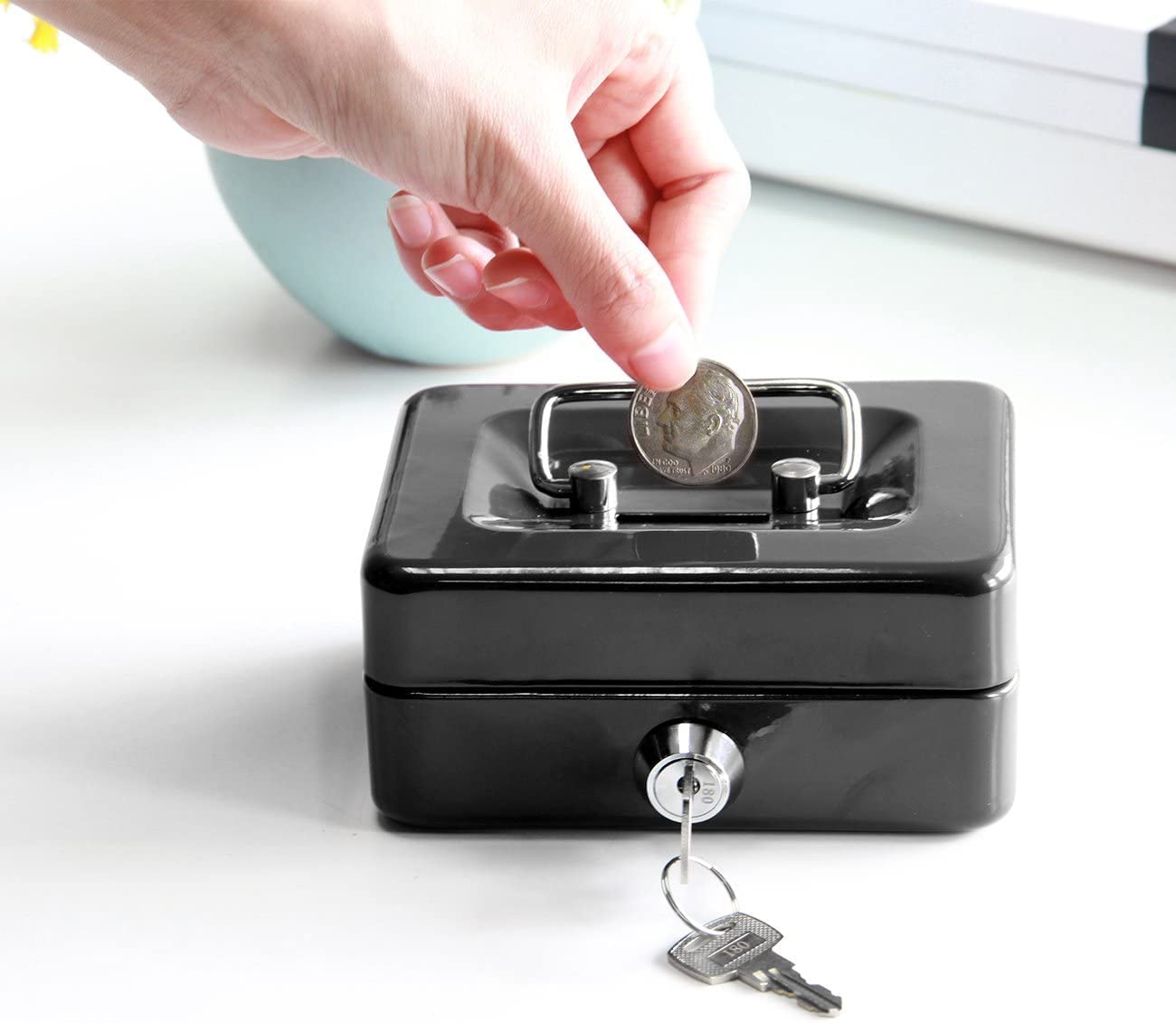 Black Portable Metal Lock Box with Key - Small Safe for Kids, Money Storage Box, Home & Office Security - Ideal for Cash, Jewelry, and Valuables Protection