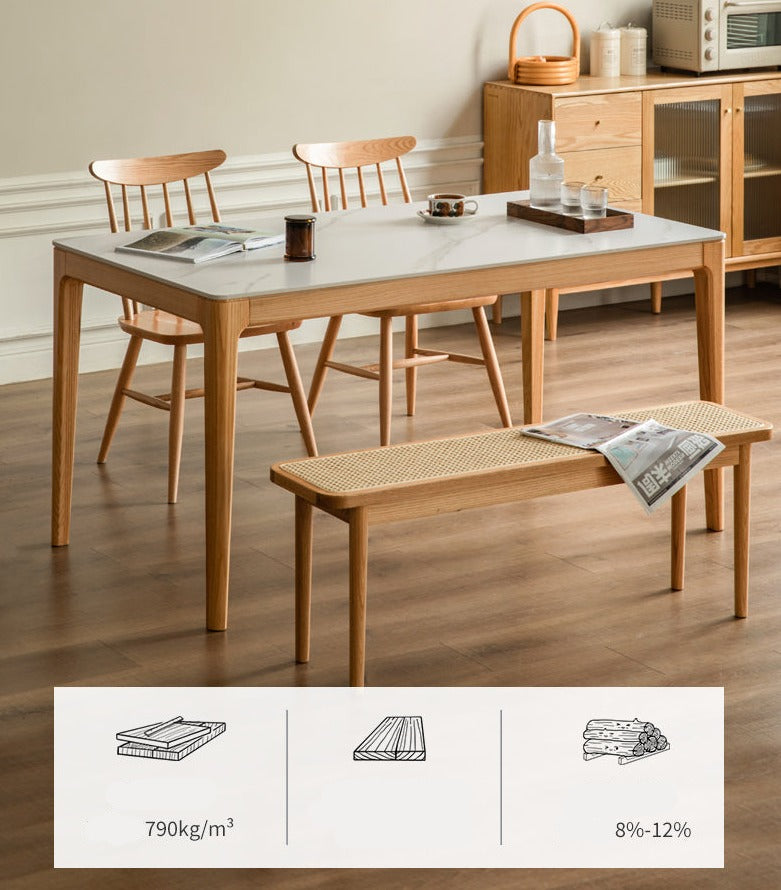 Solid Oak & Ash Wood Dining Table with Natural Rock Slab Surface - Rustic Farmhouse Style for Dining Room & Kitchen Decor