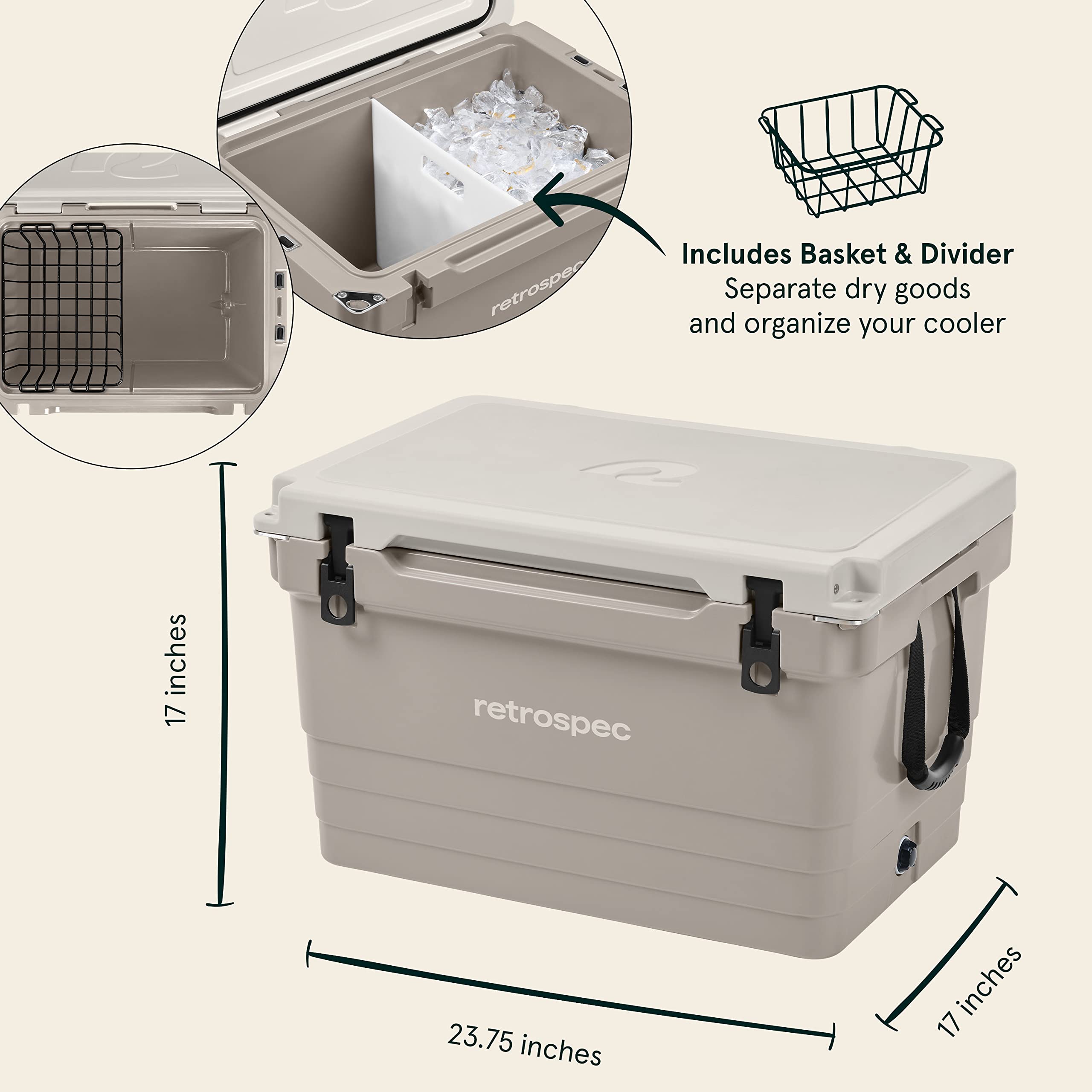 Retrospec Palisade 65 Qt Rotomolded Cooler - Heavy Duty Insulated Ice Chest with Built-in Bottle Opener, Tie-Down Slots & Dry Storage Basket - Perfect for Beach Trips, Camping, Tailgating & Outdoor Adventures - Dune Color