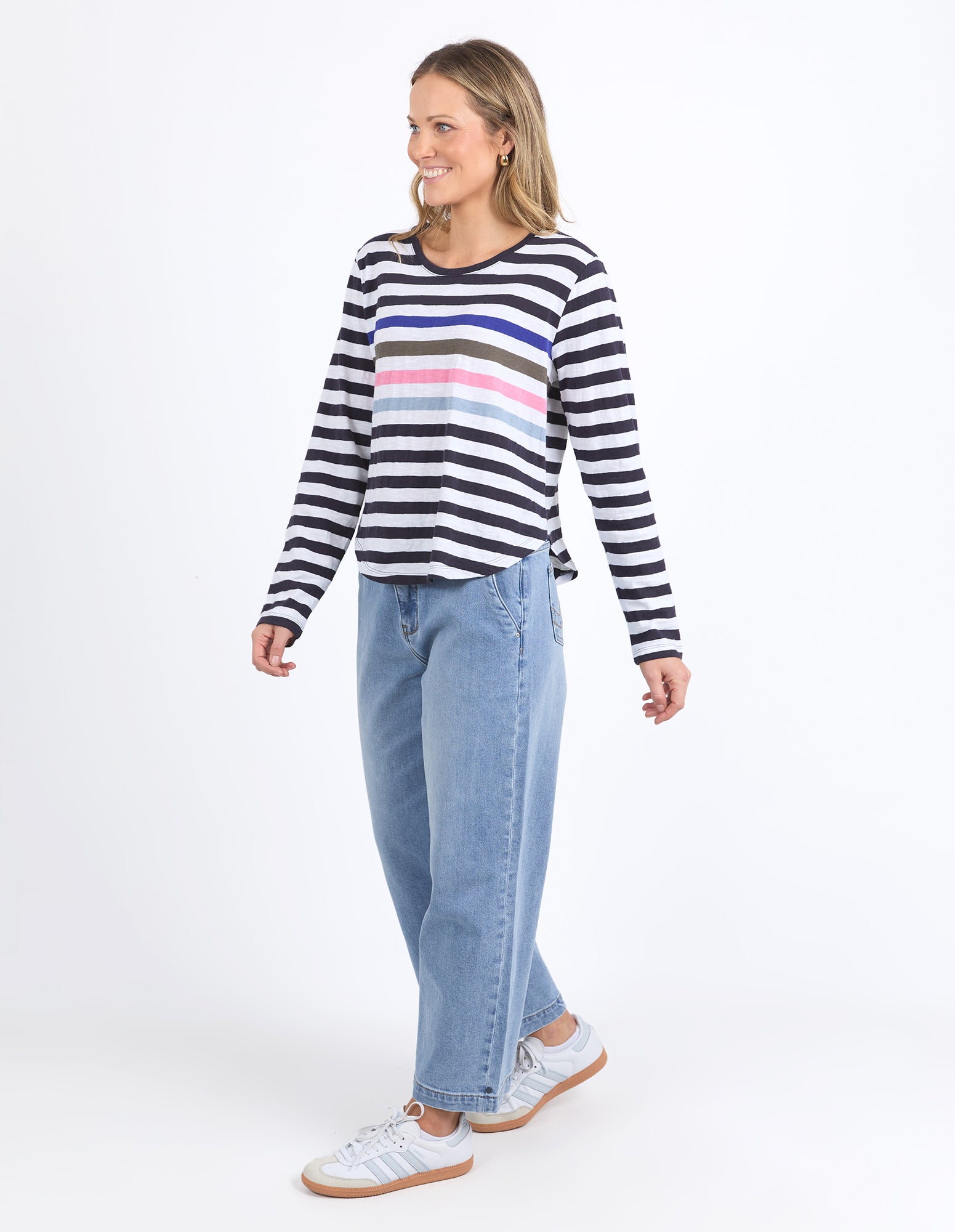 Elm Harmony Long Sleeve T-Shirt for Men & Women - Navy & White Striped Casual Tee - Perfect for Everyday Wear, Layering, and Outdoor Activities