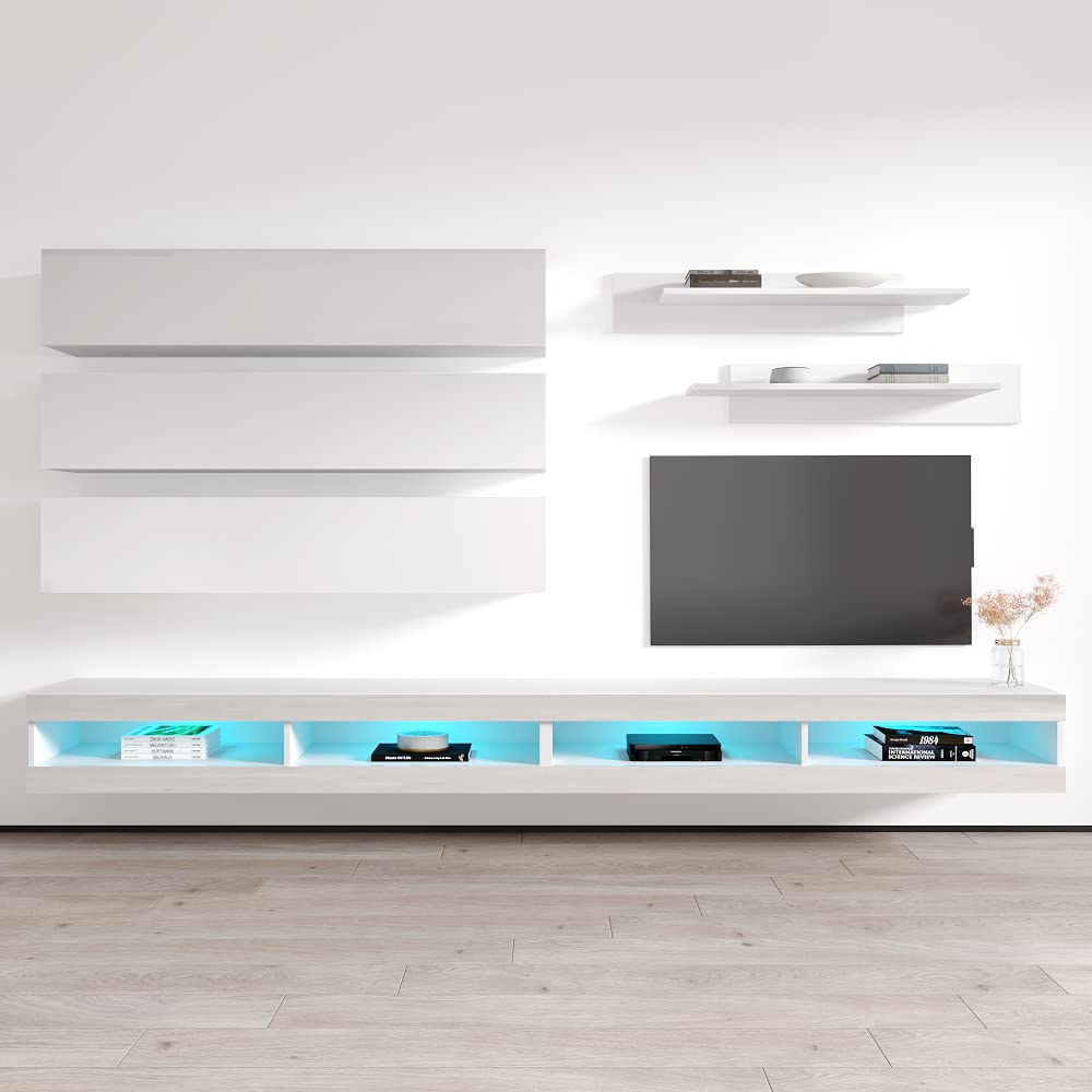 Modern White Wall-Mounted TV Stand with Storage Shelves & LED Lights - Floating Entertainment Center Console for Bedroom & Living Room - Perfect for Small Spaces & Home Theater Setups