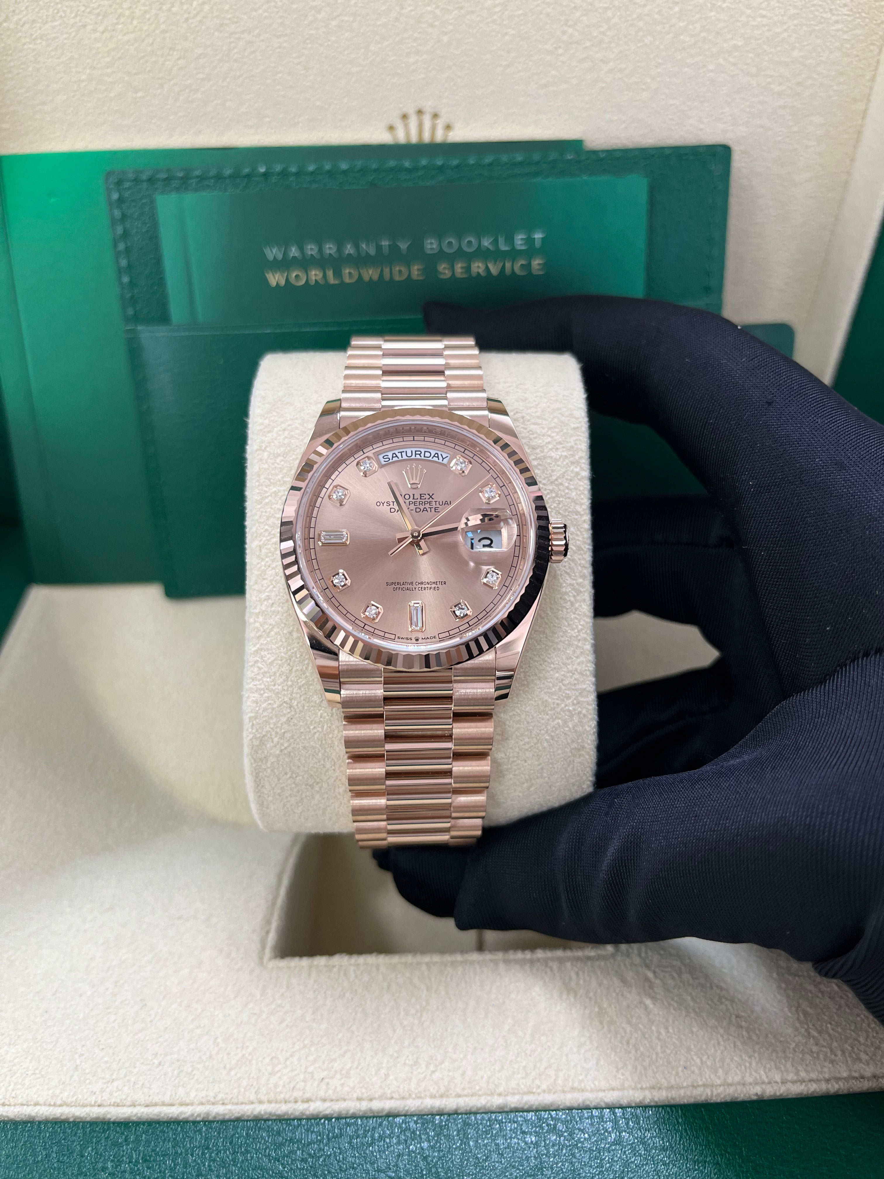 Rolex Day-Date 36 Everose Gold Watch - Fluted Bezel, Rose Diamond Dial, President Bracelet (Ref. 128235) | Luxury Dress Watch for Business & Formal Occasions