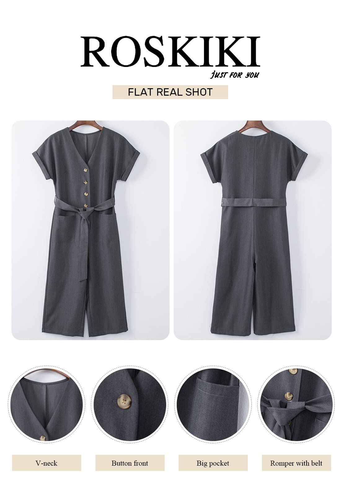 ROSKIKI Women's V-Neck Short Sleeve Jumpsuit with Belt & Pockets - Casual Wide Leg Romper for Summer Outfits, Beach Vacations & Street Style Fashion