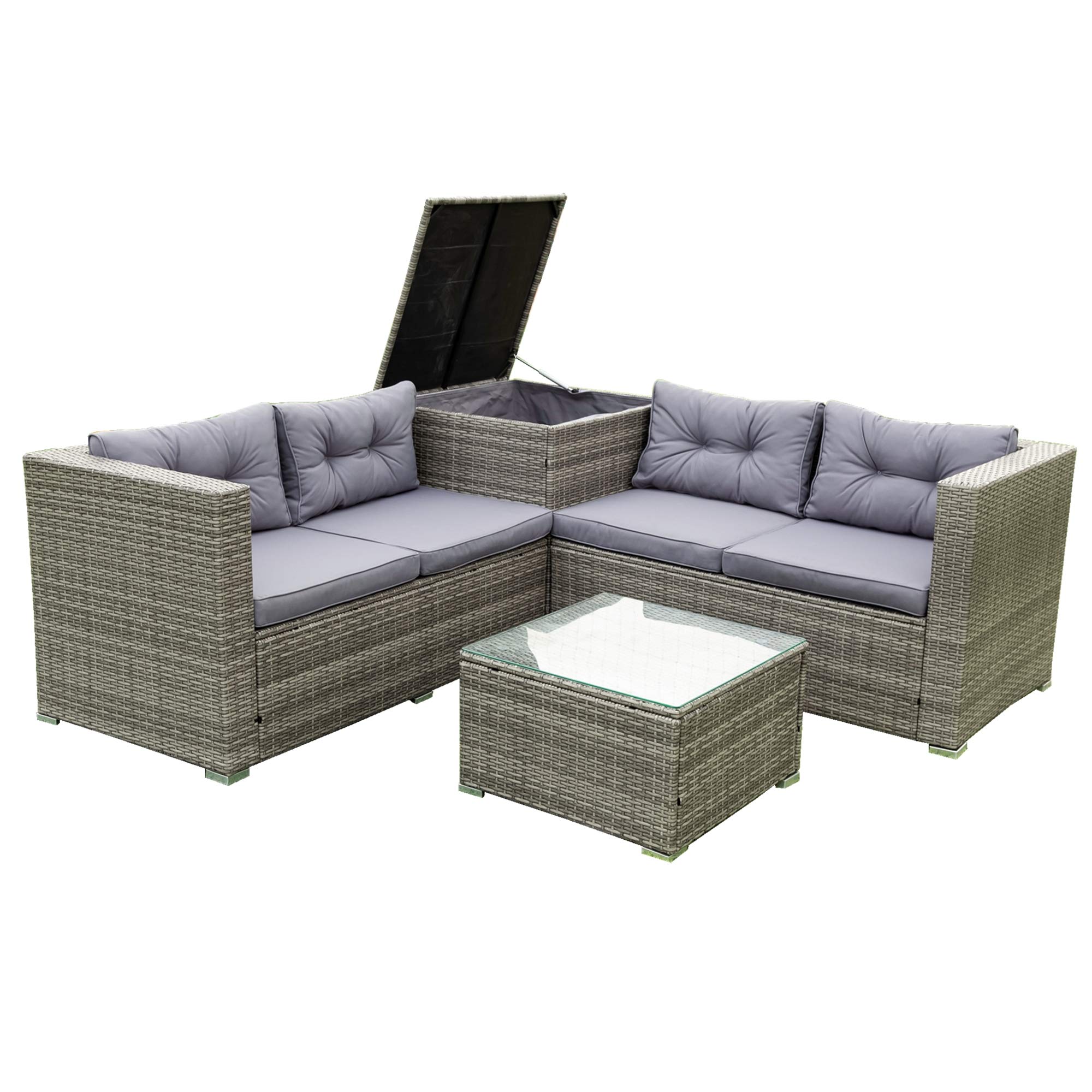 4-Piece All-Weather Outdoor Patio Furniture Set - Wicker Rattan Sectional Sofa with Storage Box & Washable Cushions, Glass Table - Perfect for Garden, Poolside, Porch & Backyard Relaxation
