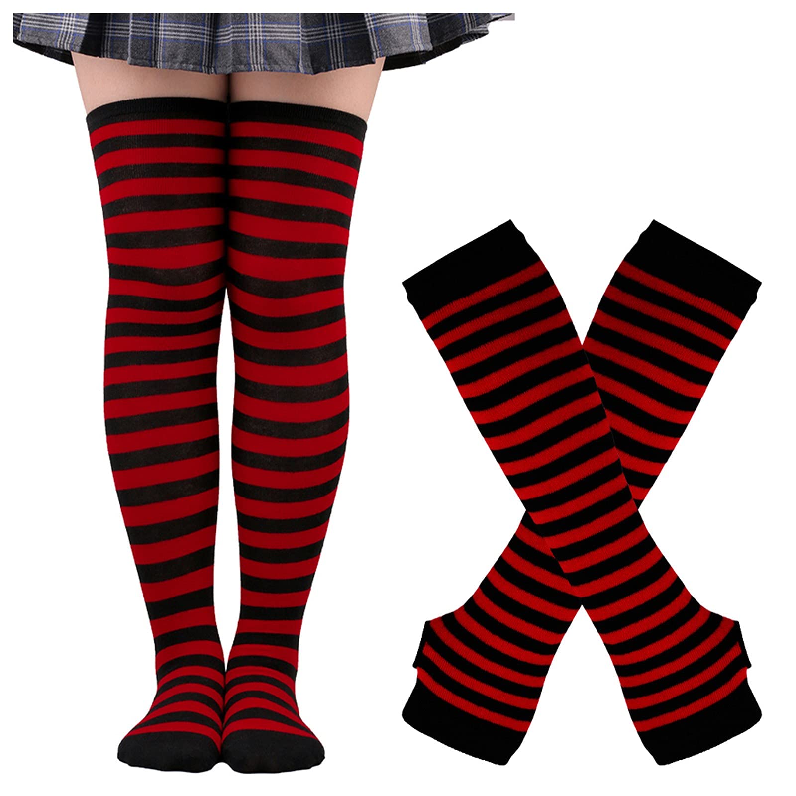 Halloween Cosplay Stockings for Women - Striped Knee High Socks with Gloves - Wine Red One Size - Perfect for Costume Parties, Cosplay Events & Elderly Women's Comfort Wear