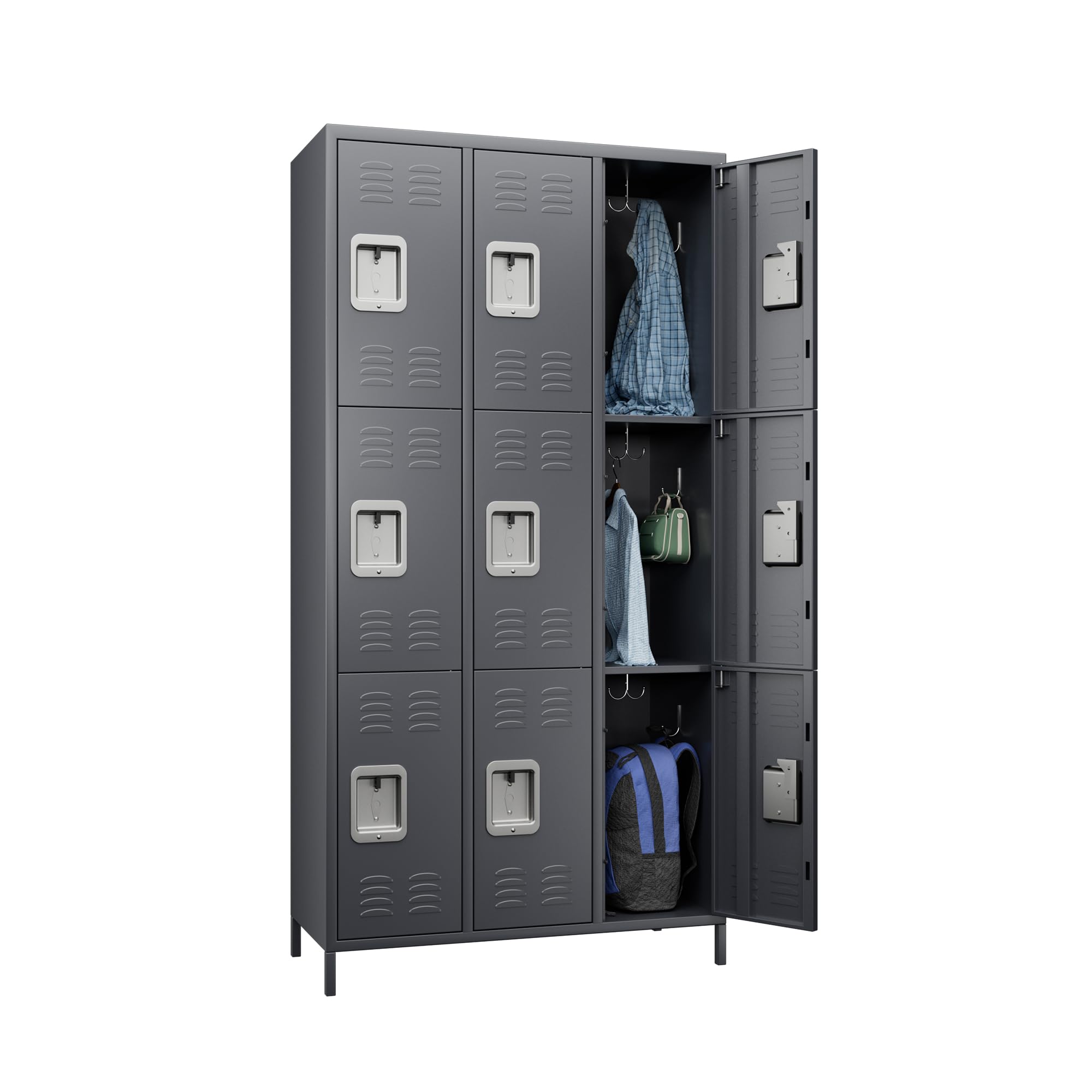 Heavy Duty 9-Door Metal Locker with Lock - Steel Storage Cabinet for Office, School, Gym & Bedroom - Includes 18 Hooks - Easy Assembly Required (Dark Grey) - Perfect for Employee Storage, Sports Equipment & Personal Belongings Organization
