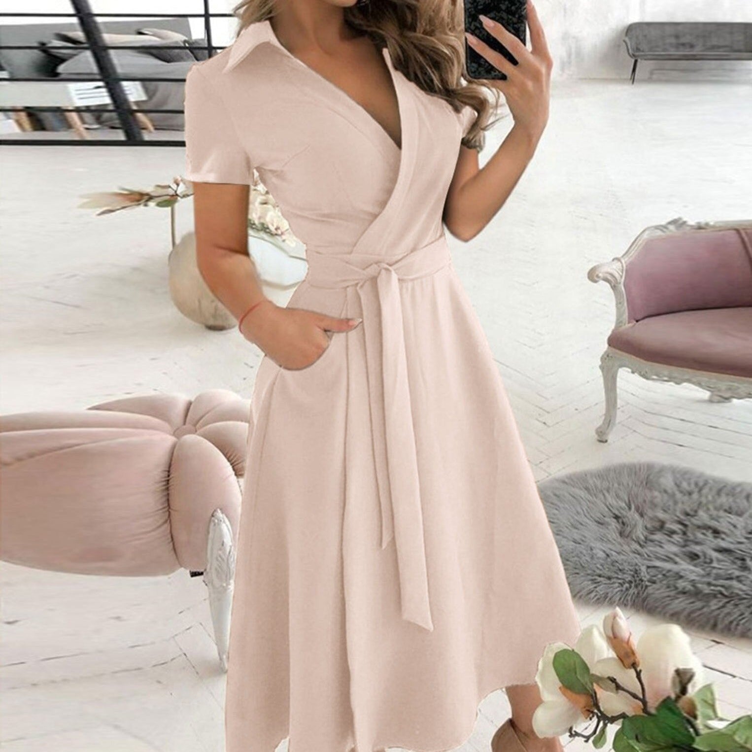 Alessandra Elegant Belted A-Line Midi Dress with Collar | Women's Formal & Office Wear | Perfect for Weddings, Parties & Business Events