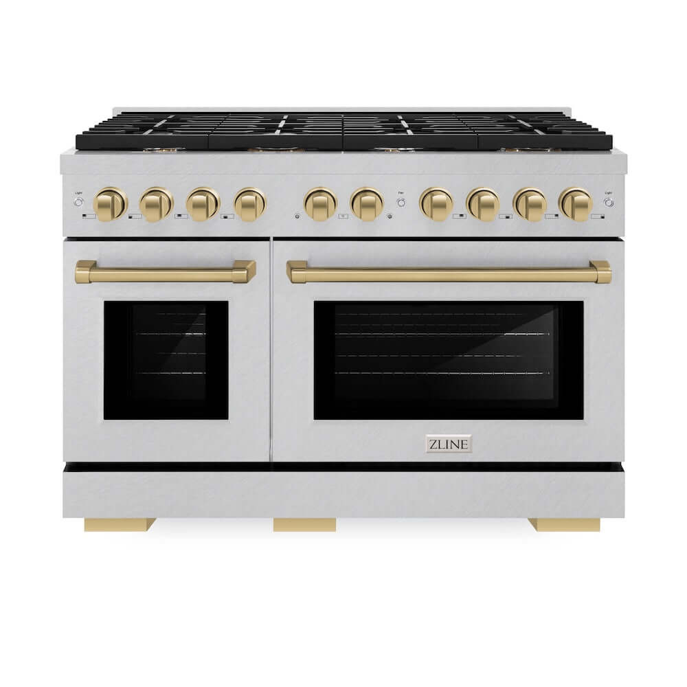 ZLINE Autograph Edition 48-inch 6.7 cu. ft. Paramount Double Oven Gas Range with 8 Burner Cooktop in Satin Stainless Steel & Champagne Bronze Accents (SGRSZ 48 CB) - Premium Kitchen Appliance for Home Chefs & Entertaining