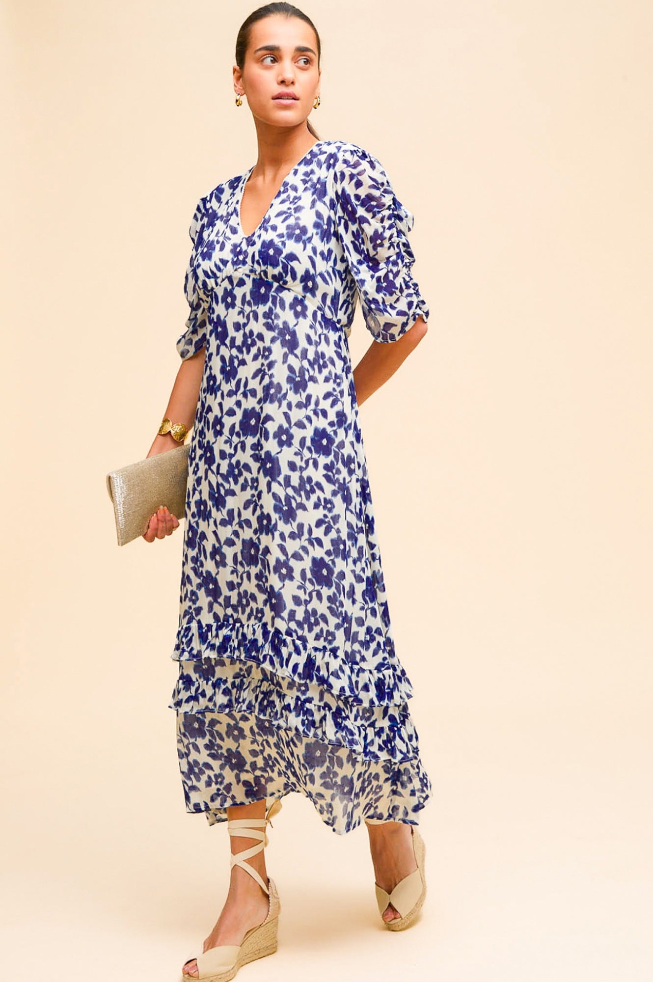 Ellery Floral Print Dress for Women - Blossom Cream & Navy Blue - Perfect for Spring Weddings, Garden Parties & Summer Outings