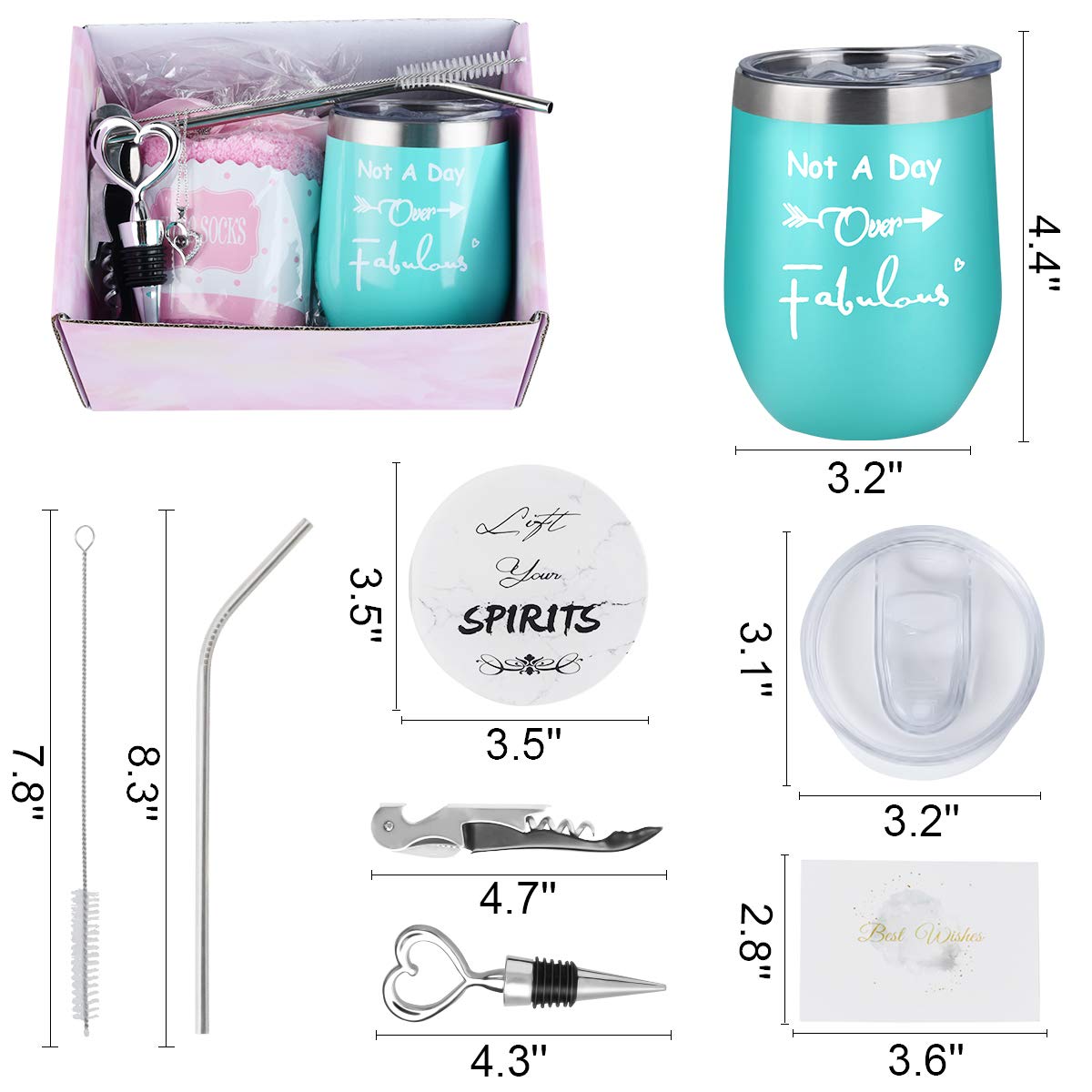 Funny Birthday Wine Tumbler for Women - 'Not a Day Over Fabulous' Wine Glass with Inspirational Sayings - Perfect Gift for Her, Mom, Wife, Girlfriend, Daughter, BFF or Sister (Blue) - Great for Parties, Girls Night Out, Bridal Showers & Relaxing at Home