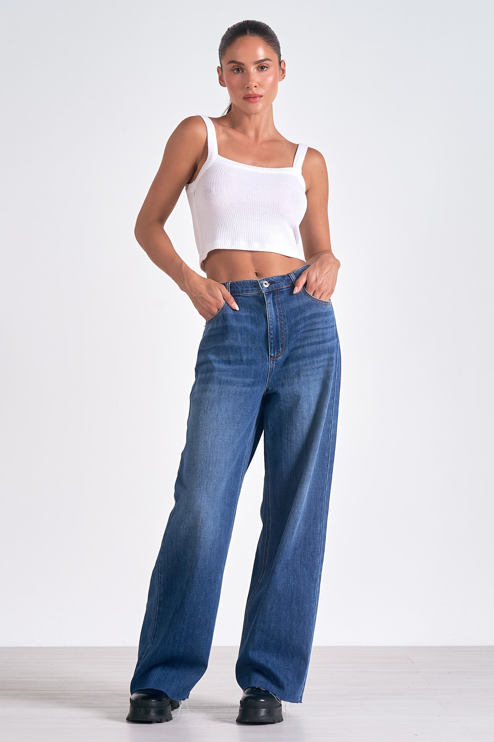Blue Wash Wide Leg Jeans for Women - High Waisted Comfort Denim Pants - Perfect for Casual Outfits & Boho Style
