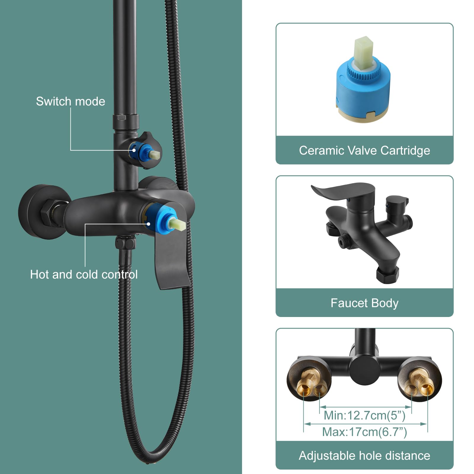 Matte Black Exposed Shower System - 8 Inch Square Rainfall Shower Head with Adjustable Handheld Sprayer - Dual Function Wall Mount Bathroom Faucet Set for Modern Home & Spa Experience