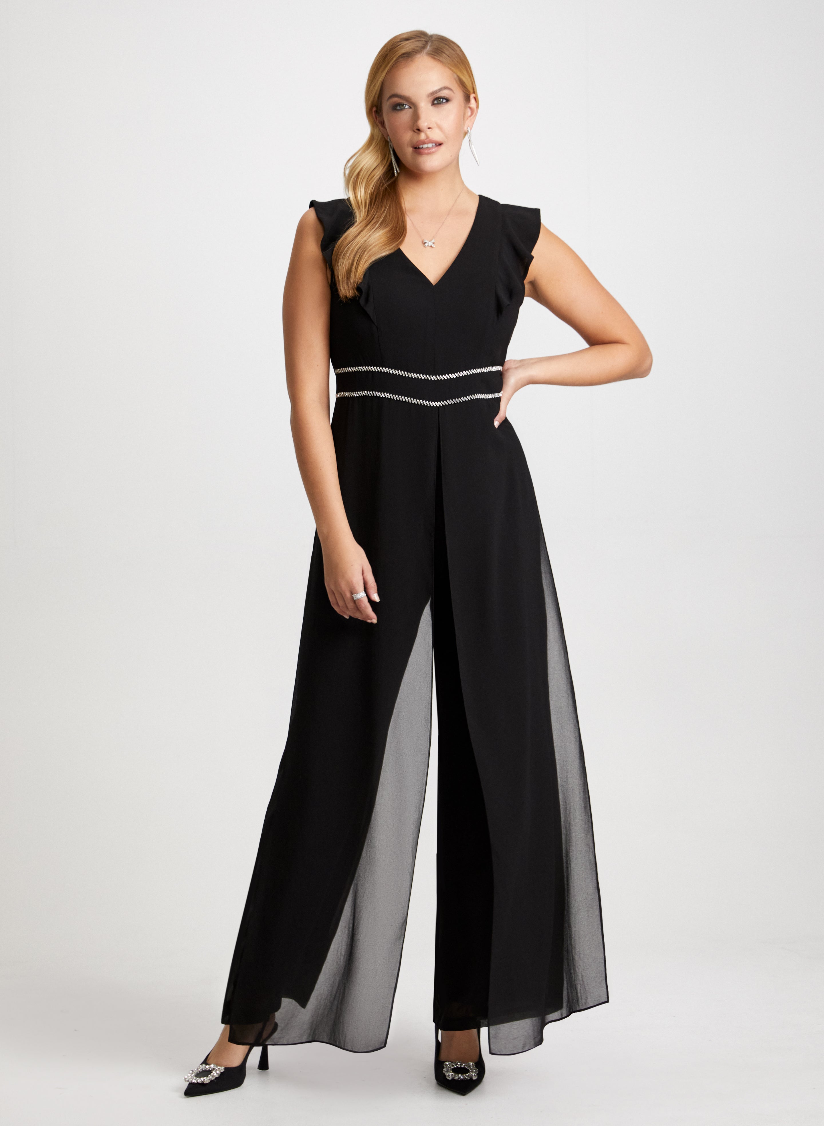 Elegant Chiffon Overlay Jumpsuit with Crystal Earrings Set - Perfect for Weddings, Parties & Special Occasions