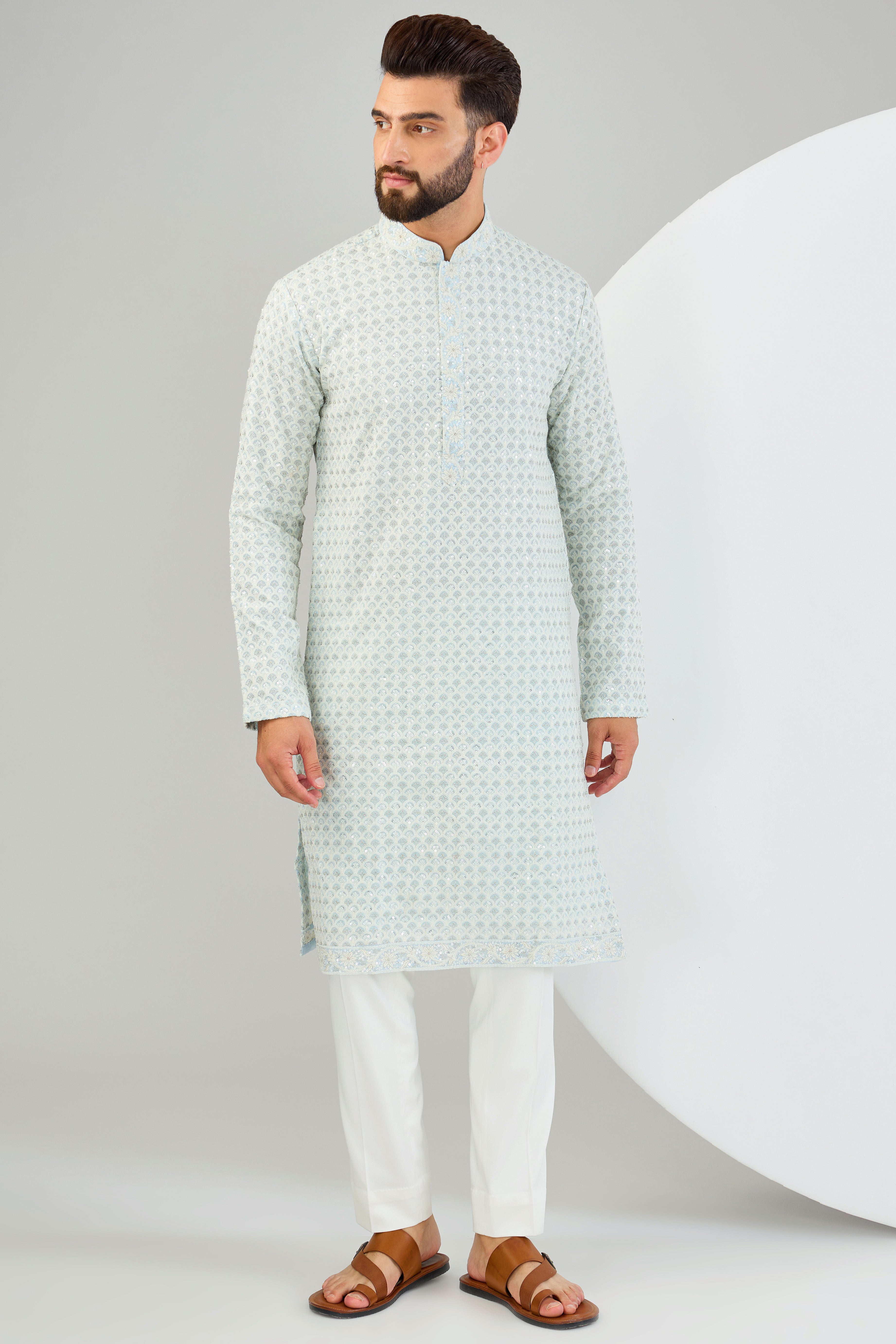 Elegant Powder Blue Chikankari Kurta with Heavy Sequin Embroidery & Intricate Neckline - Perfect for Festivals, Weddings & Ethnic Parties