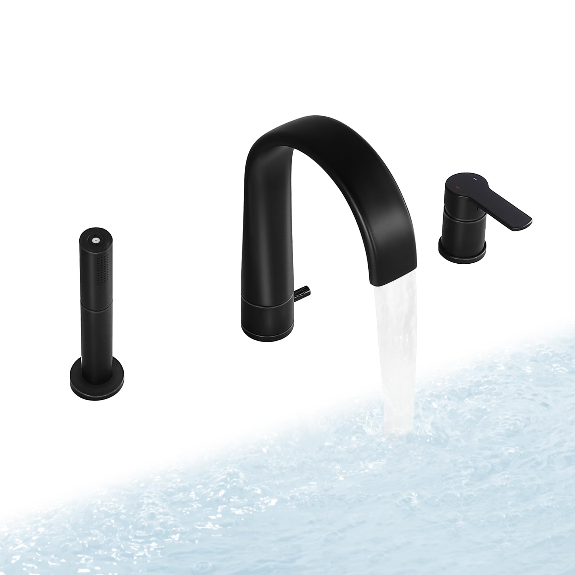 SKOWLL Roman Tub Faucet with Sprayer - Matte Black Deck Mount Bathtub Faucet Set with Handheld Shower & Waterfall Spout - Widespread Bathroom Faucet for Luxury Soaking Tubs (Perfect for Spa-Like Bathroom Upgrades & Relaxing Bubble Baths)