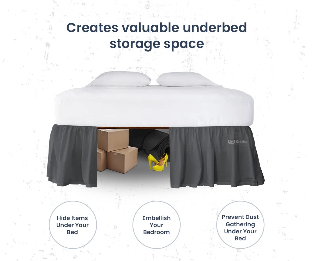 SGI Bedding 21 Inch Ruffled Bed Skirt - Soft Microfiber Dust Ruffle with Extra Storage Space - Fade, Wrinkle & Static Resistant - King Size Dark Grey - Perfect for Master Bedroom & Guest Room Decor