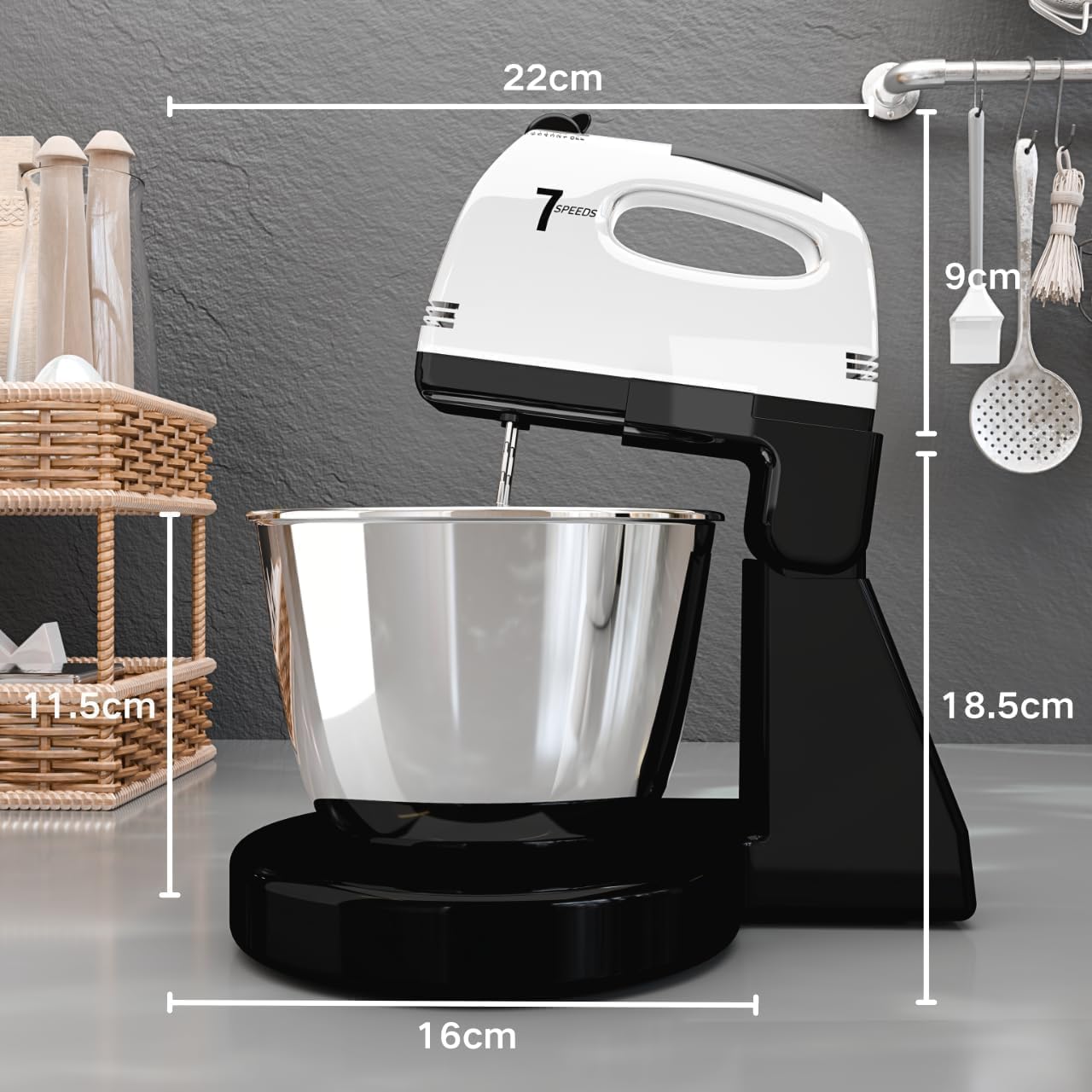 7-Speed Stand Mixer with 3QT Stainless Steel Bowl - Includes Dough Hook, Whisk & Mixing Beater - Perfect for Baking Cakes, Cookies & Kneading Dough - Home Kitchen Essential for Bakers & Cooking Enthusiasts