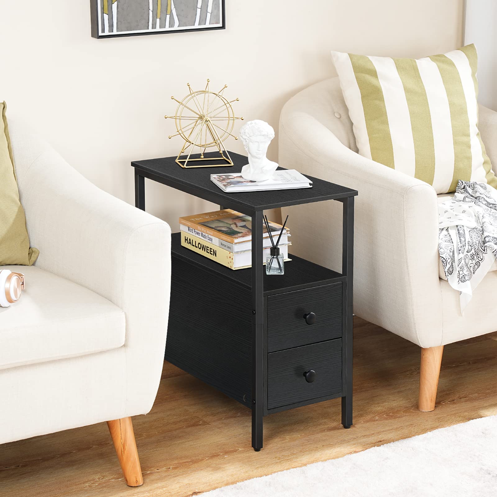 HOOBRO 2-Piece End Table Set with 2 Drawers & Open Shelves - Narrow Nightstand for Small Spaces, Wood Look Accent Table in Black (BK54BZP201G2) - Perfect for Living Room, Bedroom, or as Recliner Side Table