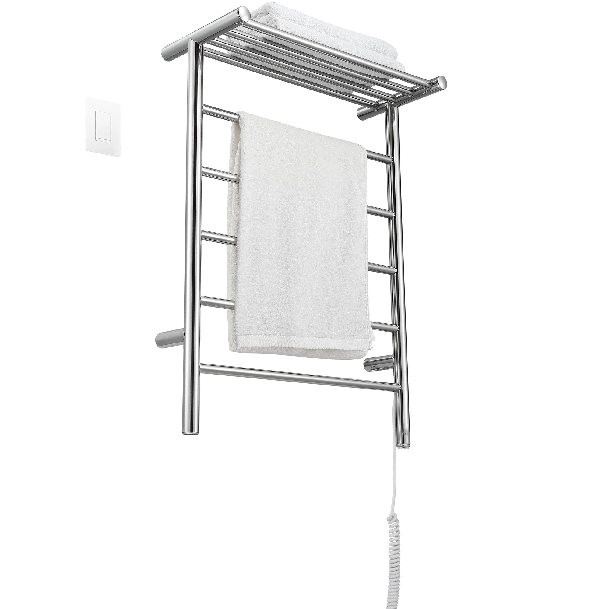Miazzo 5 Bar Electric Wall Mount Towel Warmer with Shelf - Plug In or Hardwire, Polished Stainless Steel, WiFi Timer - Perfect for Bathroom, Spa, Gym & Luxury Home Heating