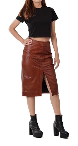 Renee - Cognac Knee Length Leather Skirt
