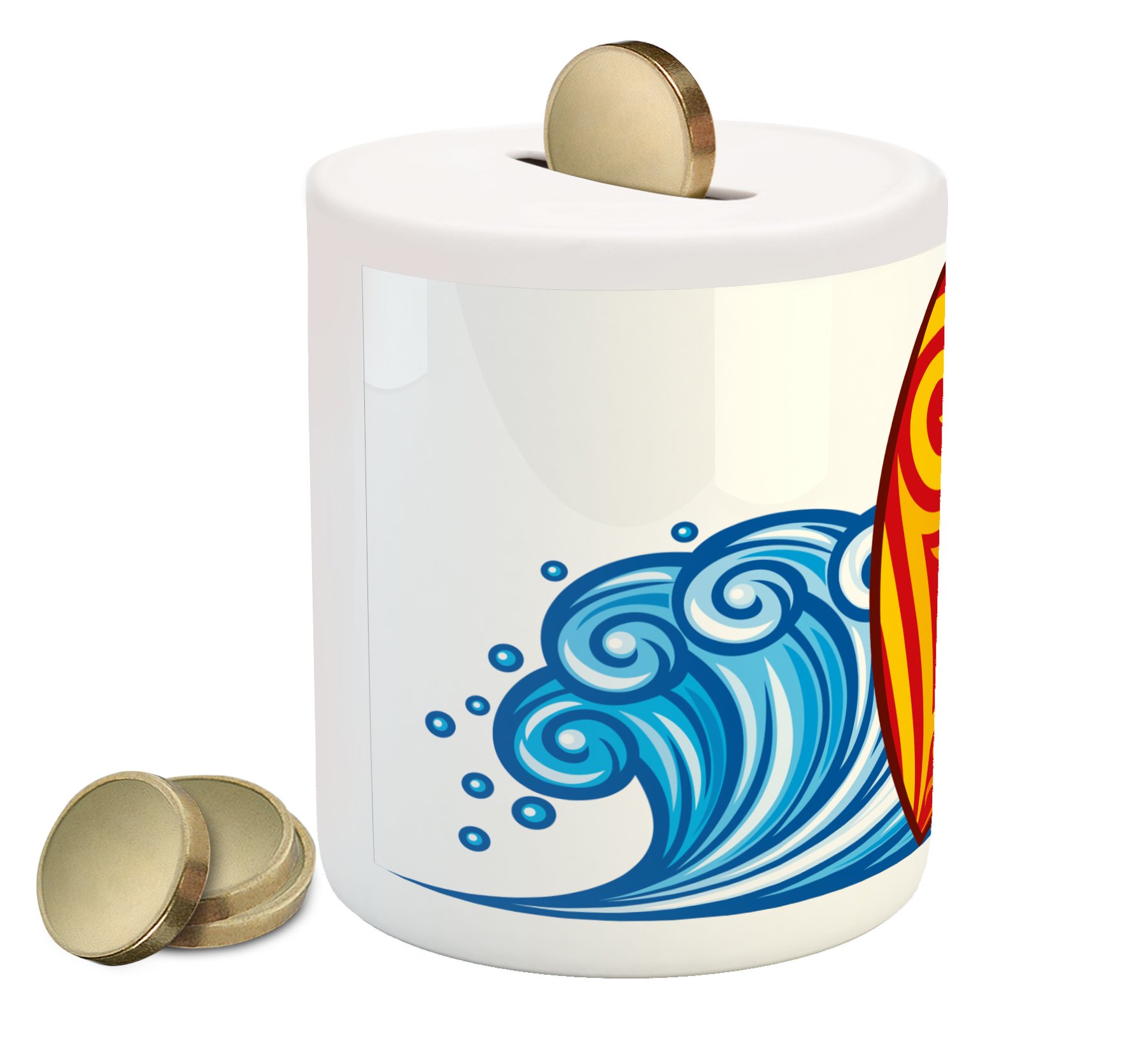Ambesonne Ceramic Piggy Bank with Ocean Wave, Sun & Surfboard Design - Yellow, Blue & Vermilion Money Box for Cash Savings | Perfect for Kids' Allowance, Beach-Themed Decor & Summer Gift Ideas